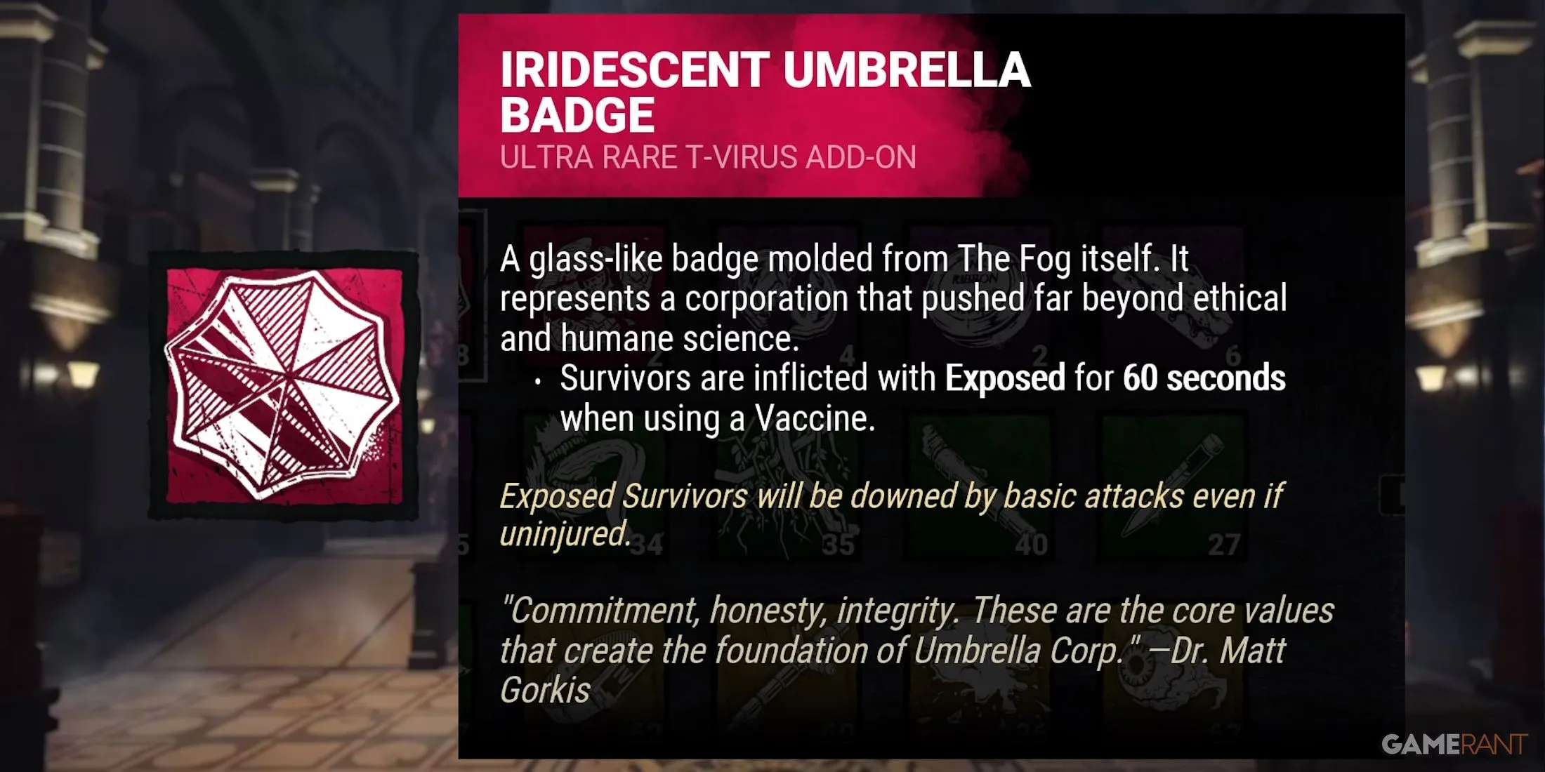 Add-on Iridescent Umbrella Badge giúp Nemesis Expose Survivor đã tiêm vaccine