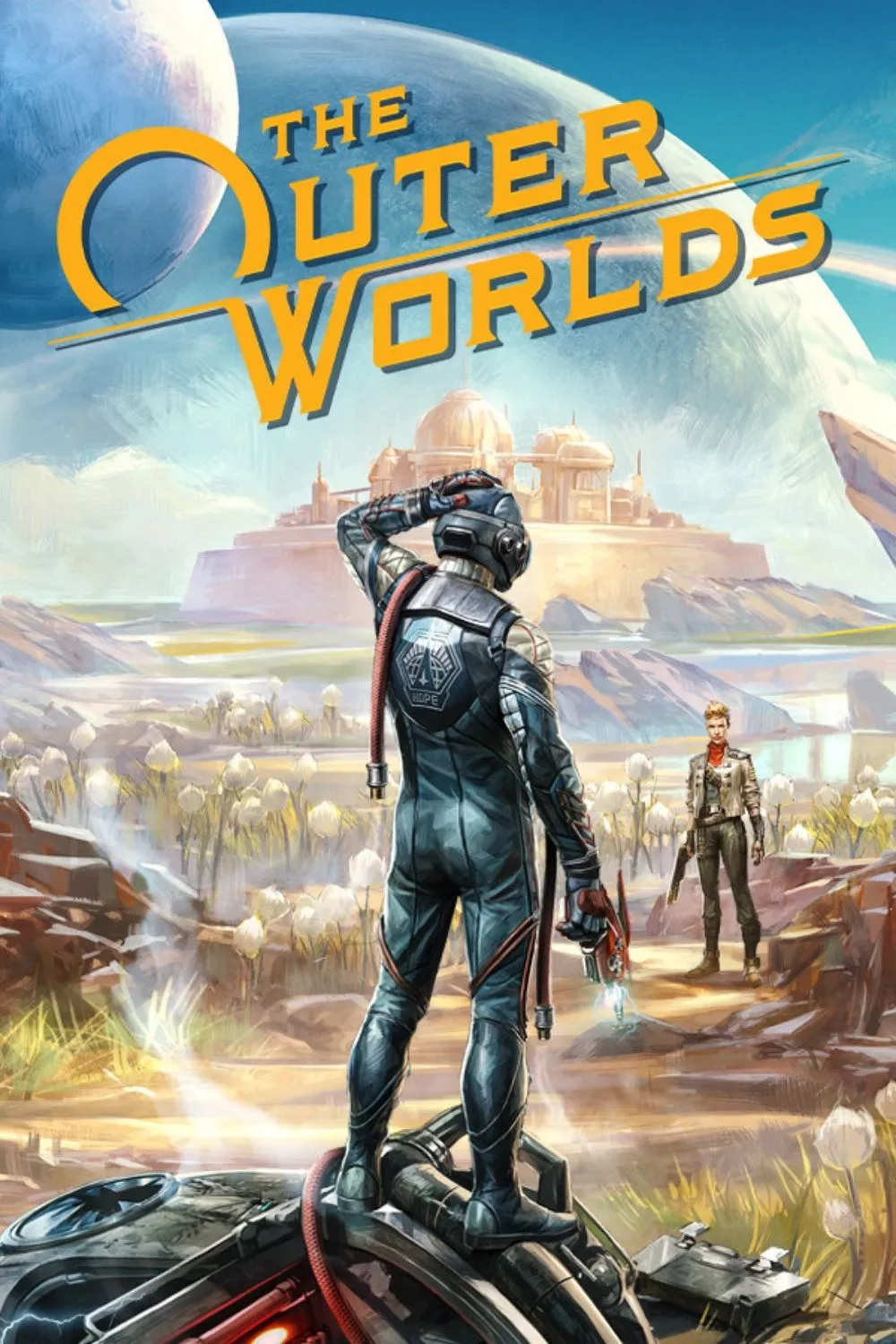 Ảnh bìa game The Outer Worlds với nhân vật chính đứng giữa phong cảnh hành tinh lạ mắt và các phi thuyền trên không.