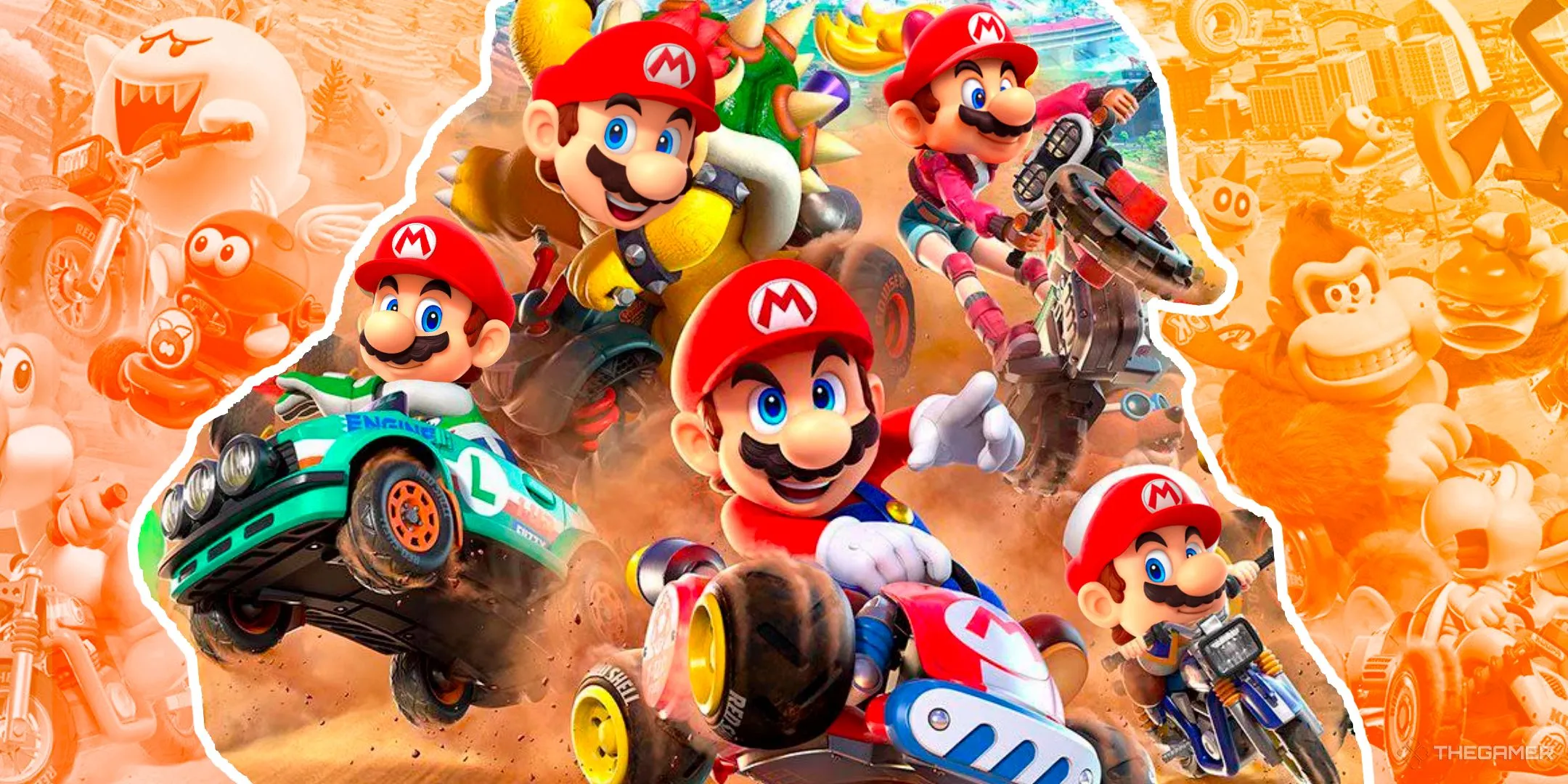 Ảnh minh họa Mario Kart World với tất cả các nhân vật đều có đầu Mario, ám chỉ sự xuất hiện quá nhiều của Mario trong các tựa game spin-off.