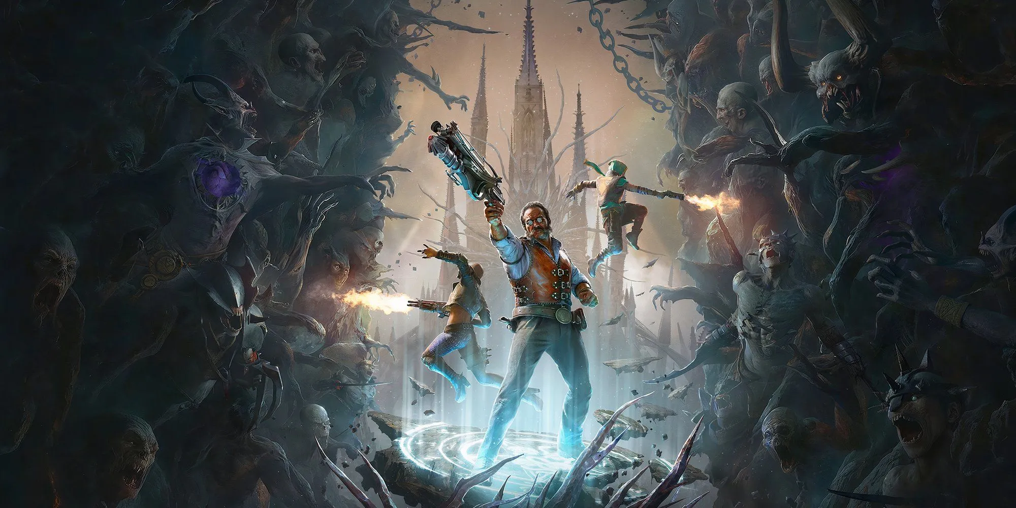 Ảnh quảng bá game Painkiller reboot, hiển thị các nhân vật chính và logo, giới thiệu game FPS mới sắp ra mắt