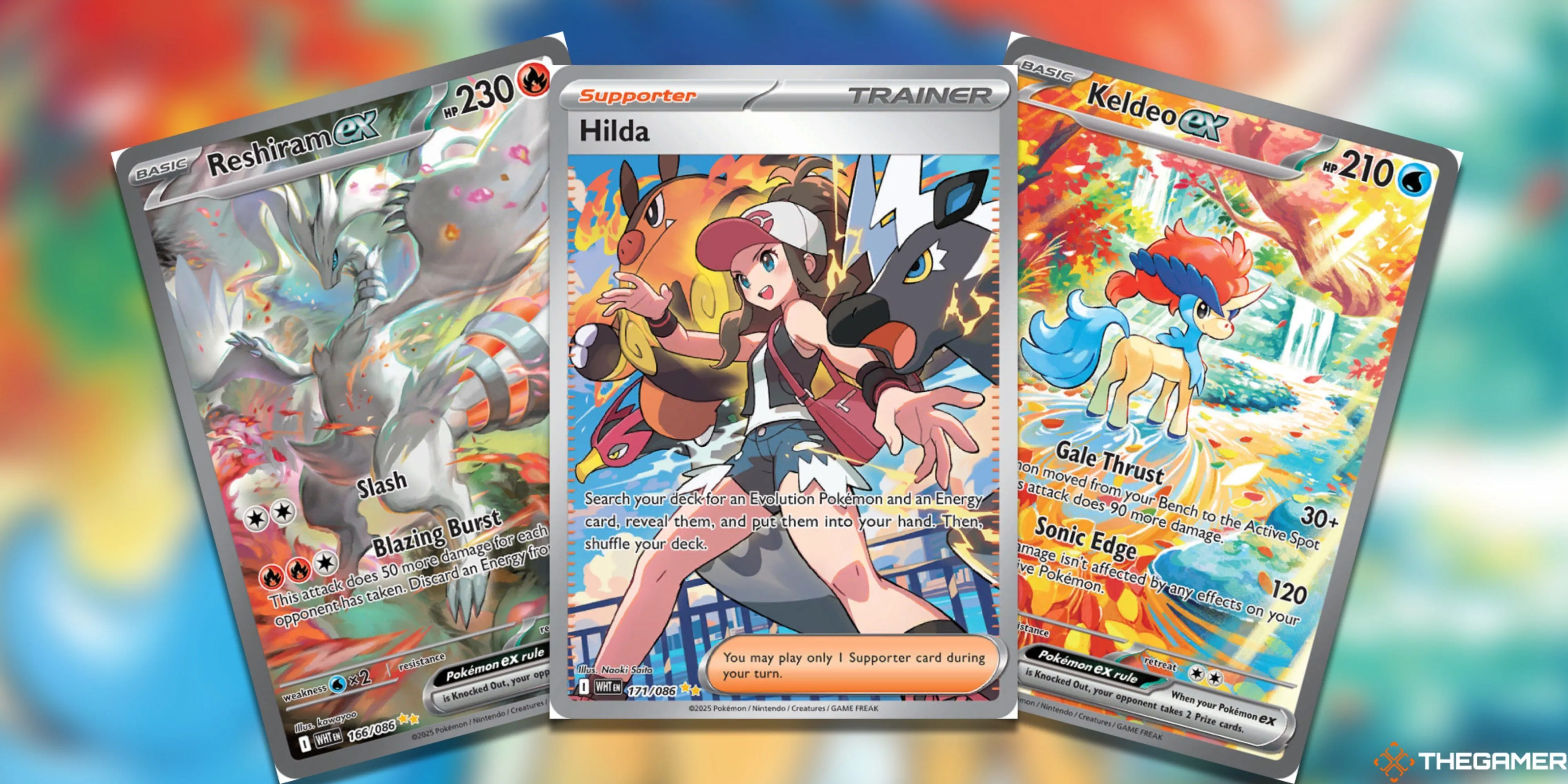 Ba lá bài được trưng bày từ bộ White Flare của Pokemon TCG, cho thấy sự đa dạng trong thiết kế thẻ bài.