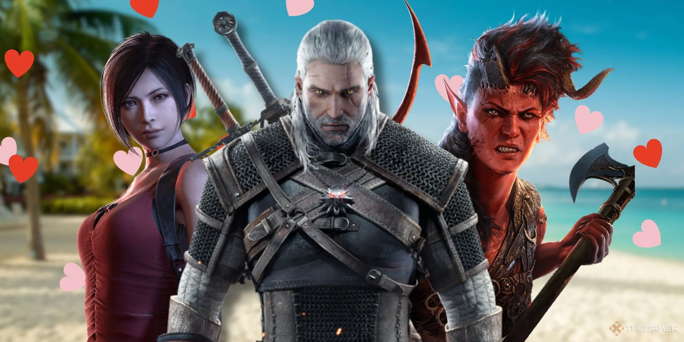Ba nhân vật Ada Wong, Geralt và Karlach đứng trên bãi biển, thể hiện sự đa dạng của "Love Island phiên bản game thủ".