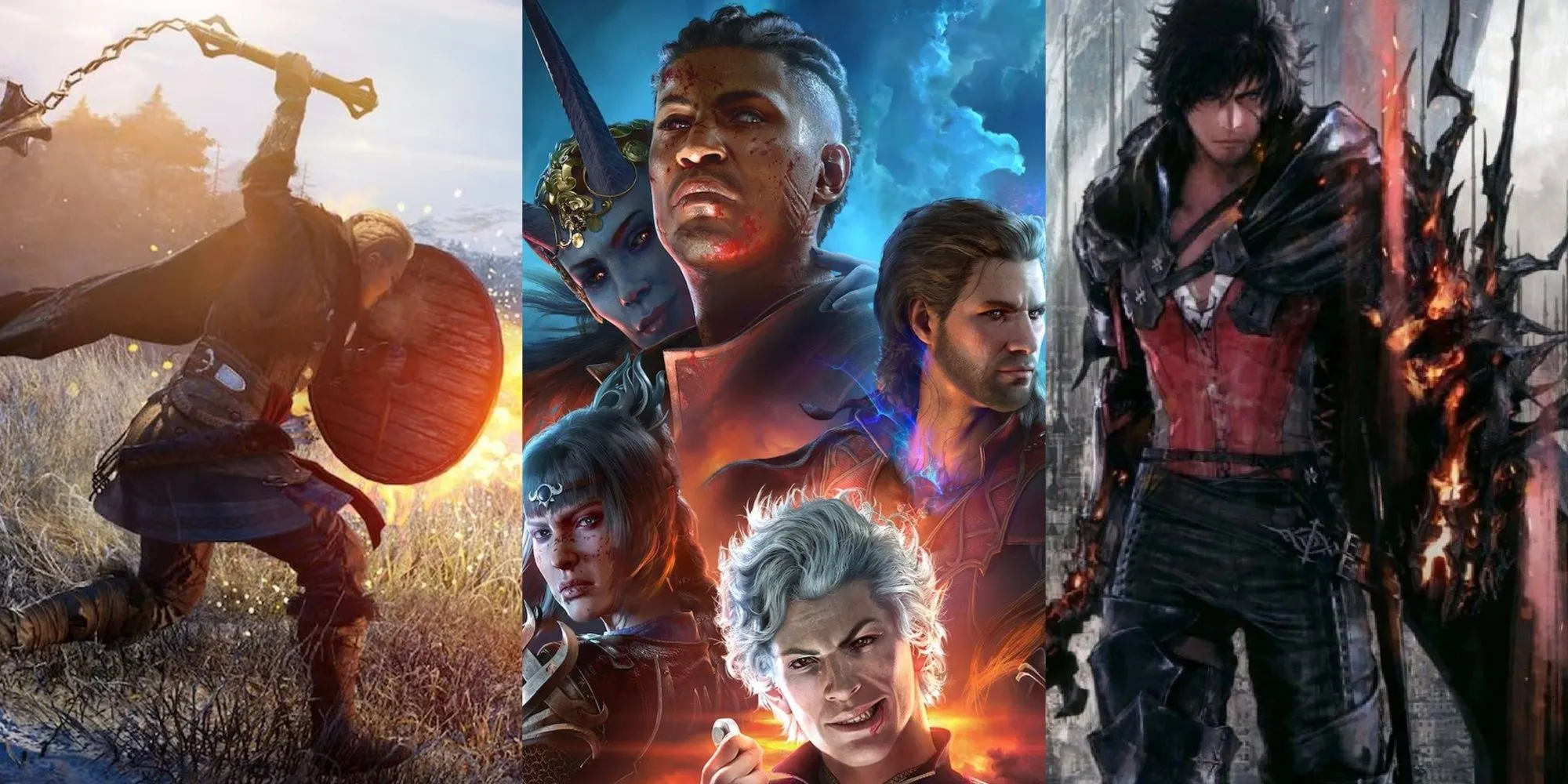 Ba nhân vật chính từ các game PlayStation 5 nổi tiếng, bao gồm Kratos từ God of War và Eivor từ Assassin's Creed Valhalla.