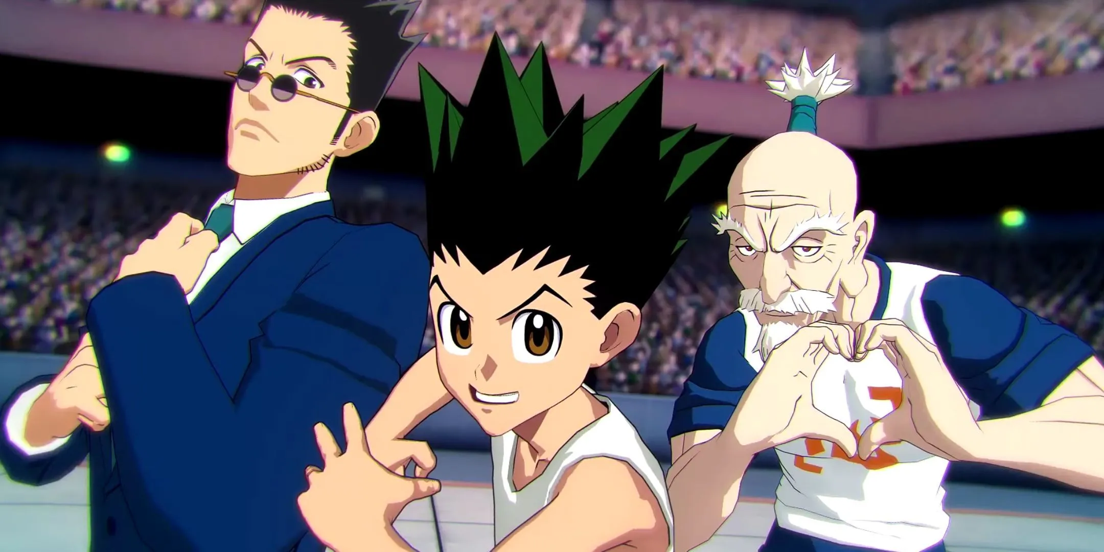 Ba nhân vật Leorio, Gon và Isaac Netero cùng chiến đấu trong Hunter x Hunter: Nen x Impact, minh họa lối chơi đối kháng tổ đội.