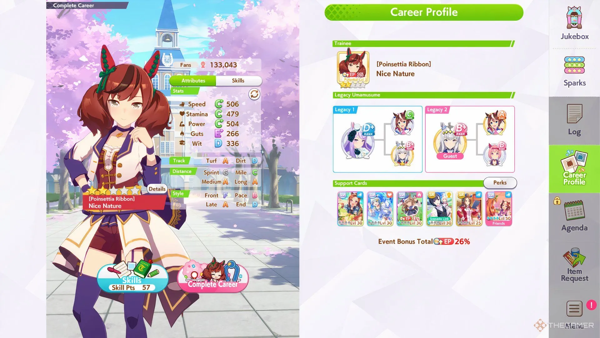 Bảng chỉ số của Nice Nature trong Umamusume Pretty Derby.