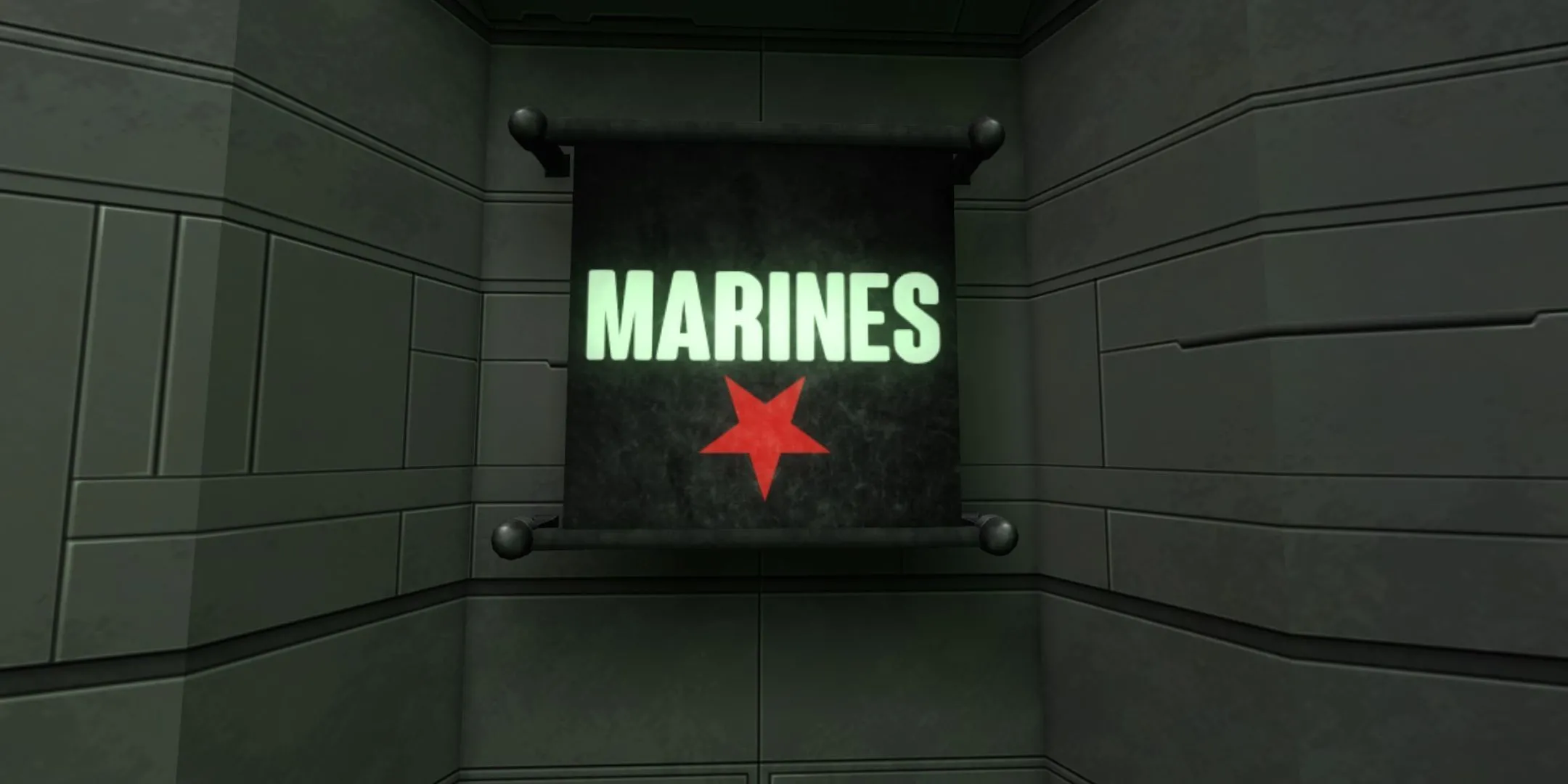 Bảng hiệu Marine trong System Shock 2 Remastered, gợi nhớ về bối cảnh quân đội.