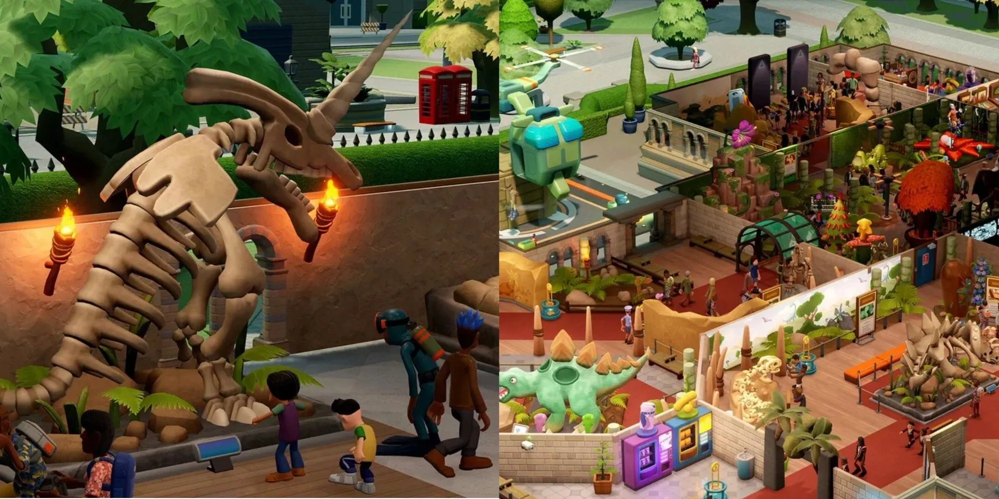 Bảo tàng sôi động trong game quản lý Two Point Museum với nhiều hiện vật độc đáo.