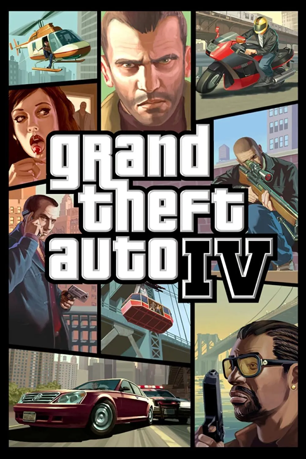 Bìa đĩa game Grand Theft Auto IV với hình ảnh nhân vật chính Niko Bellic và bối cảnh thành phố Liberty City