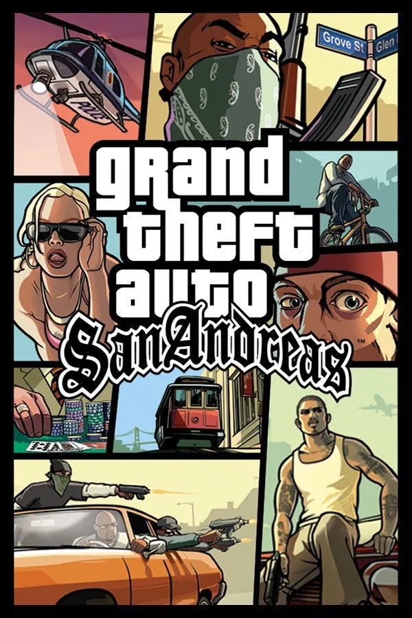 Bìa game Grand Theft Auto: San Andreas với hình ảnh nhân vật chính CJ và các yếu tố biểu tượng của game