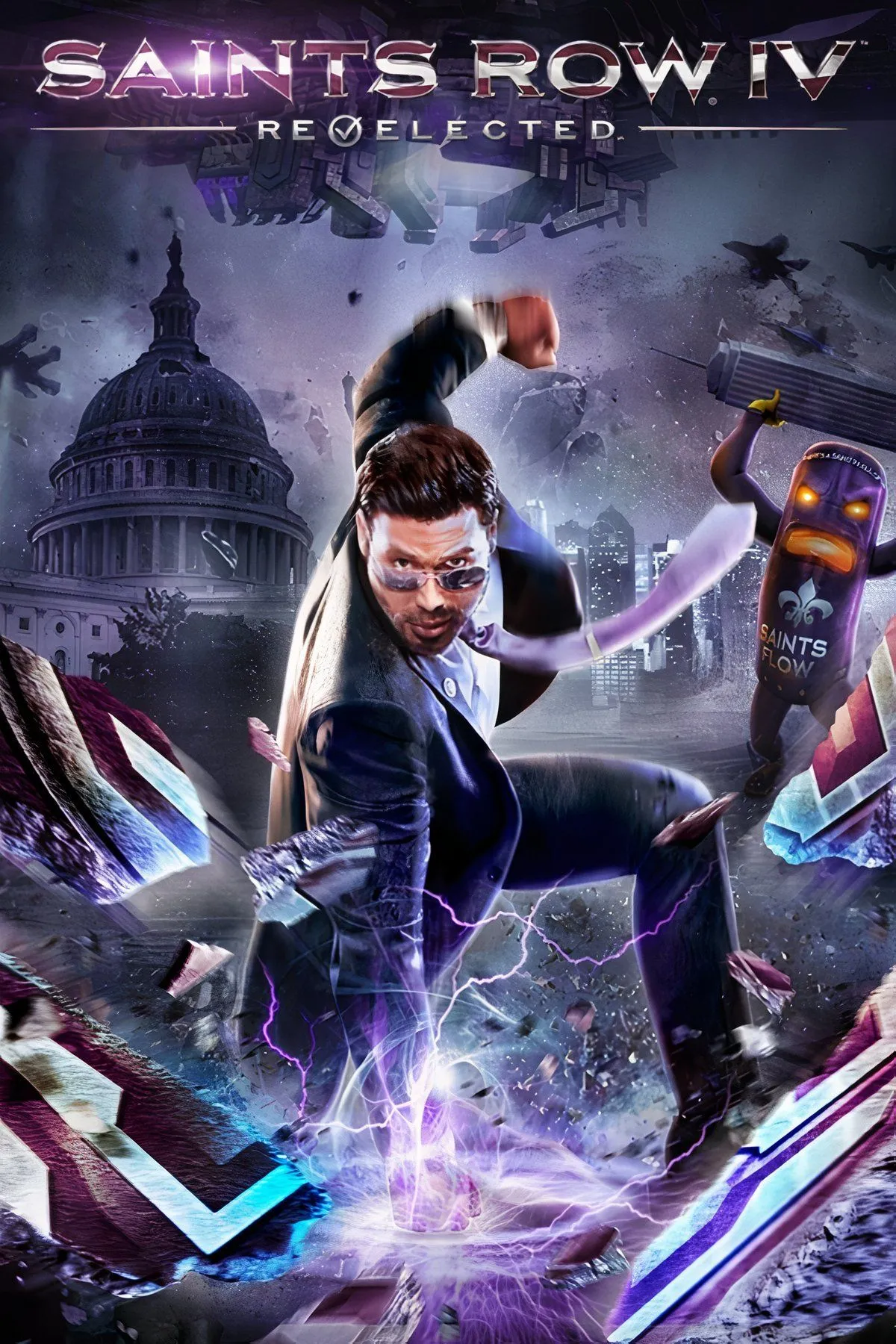Bìa game Saints Row 4, hình ảnh Tổng thống Mỹ với siêu năng lực giữa một thành phố hỗn loạn