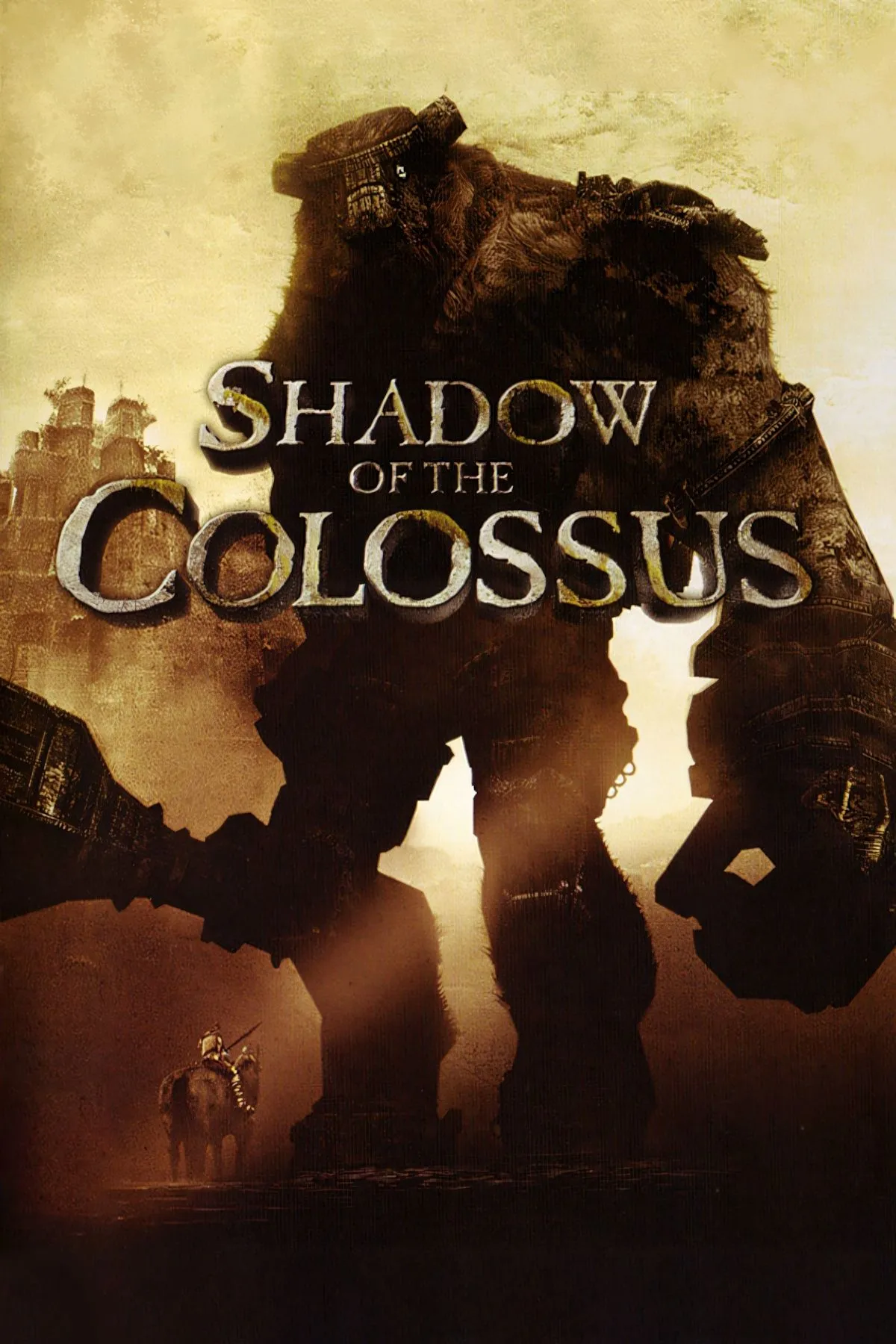 Bìa game Shadow of the Colossus với Wander cưỡi ngựa giữa vùng đất hoang vắng.