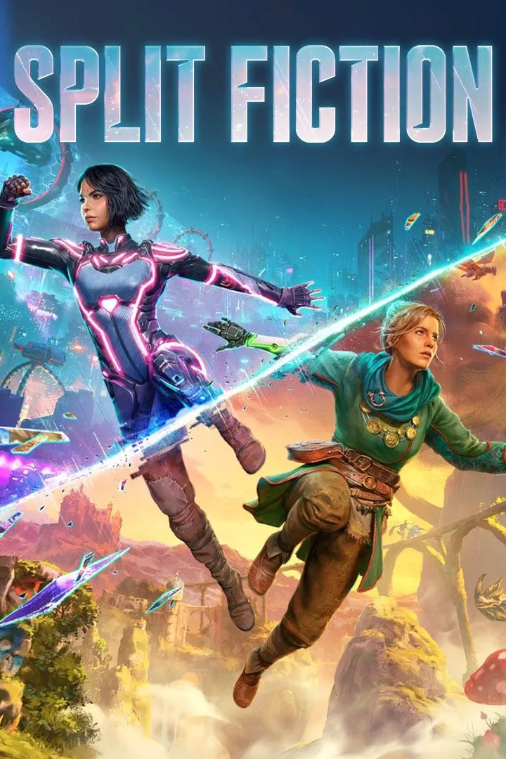 Bìa game Split Fiction với hai nhân vật chính Mio và Zoe, thể hiện phong cách phiêu lưu độc đáo và thế giới giả tưởng của trò chơi co-op được phát triển bởi Hazelight Studios.