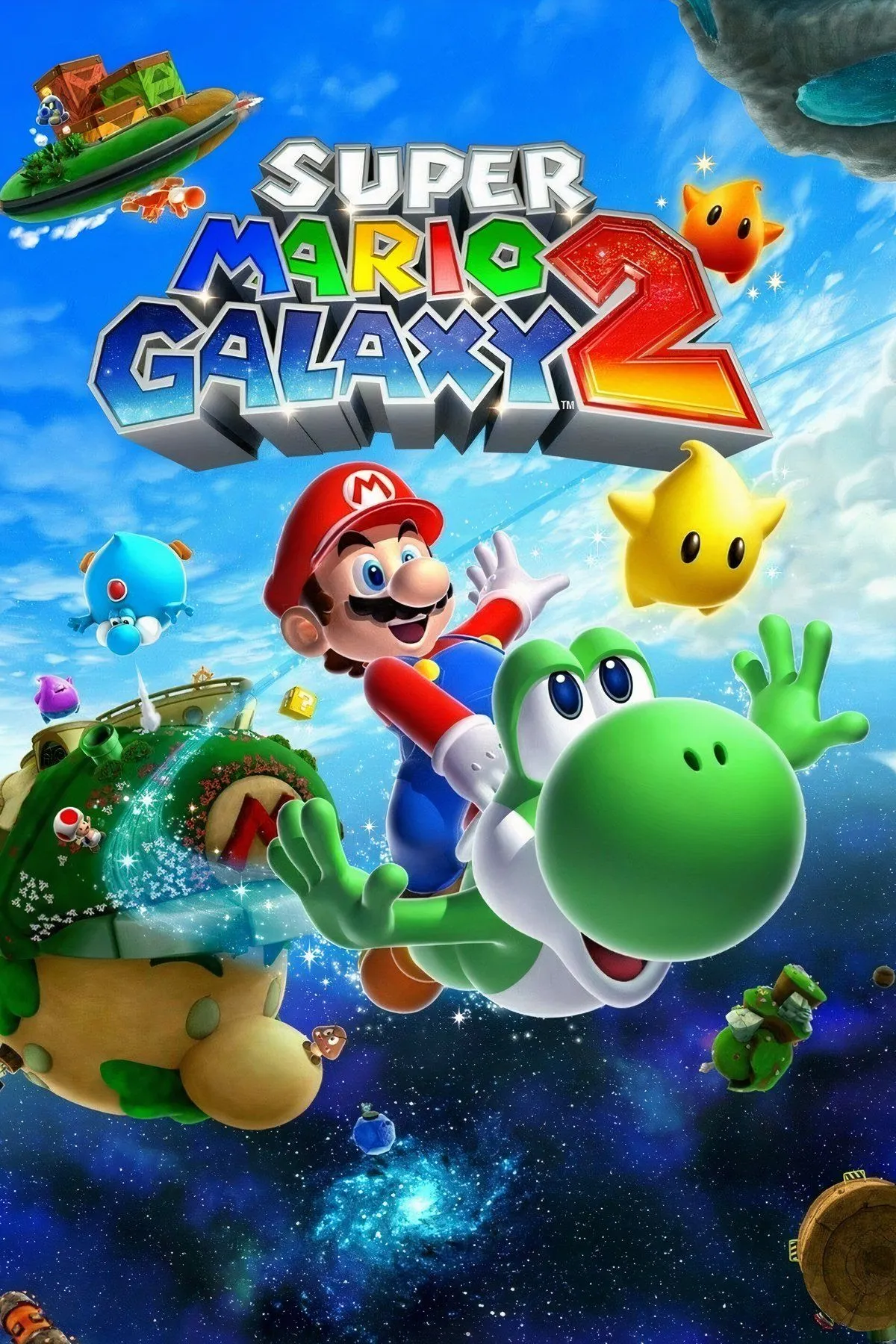 Bìa game Super Mario Galaxy 2, với Mario và Yoshi khám phá vũ trụ