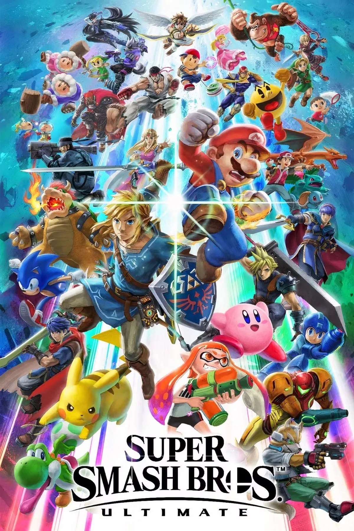 Bìa game Super Smash Bros Ultimate, với dàn nhân vật khổng lồ hội tụ