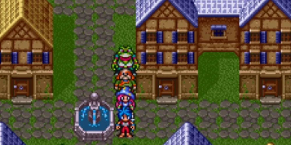 Các nhân vật đứng cạnh đài phun nước trong game Breath of Fire 2