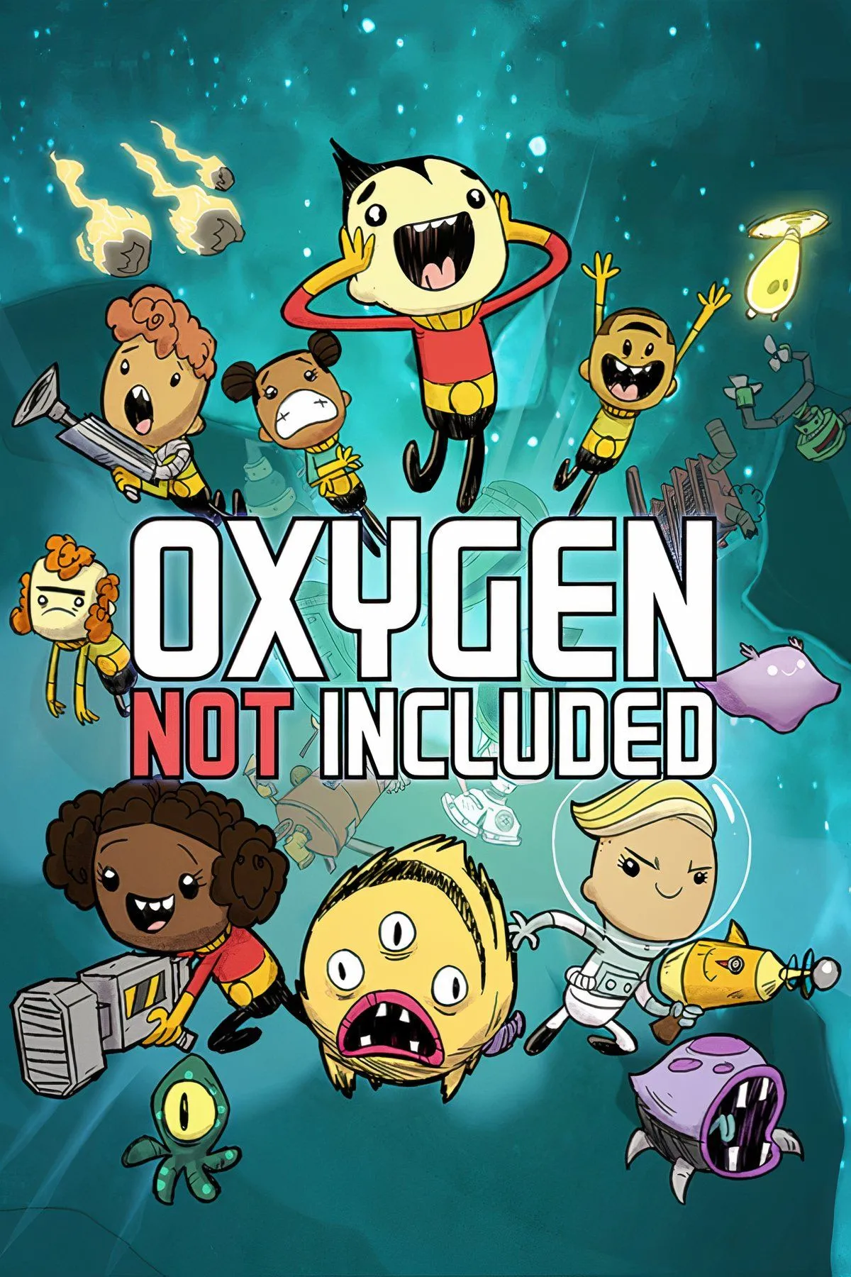 Các nhân vật Duplicant đang xây dựng cơ sở vật chất phức tạp trong Oxygen Not Included, cho thấy hệ thống quản lý tài nguyên và môi trường của game