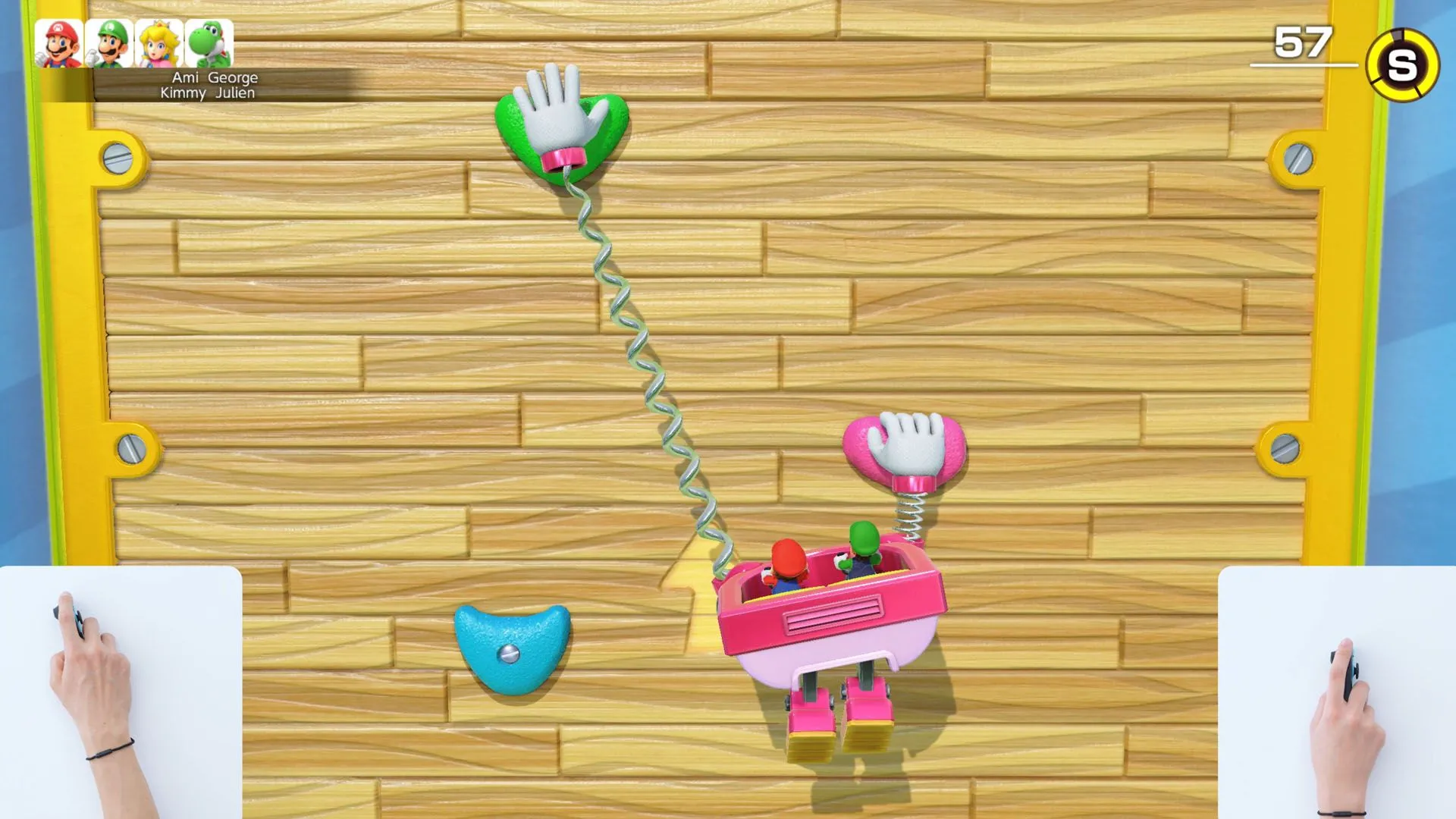 Các nhân vật Mario đang tham gia một mini-game vận động trên Nintendo Switch 2, đầy màu sắc và hấp dẫn