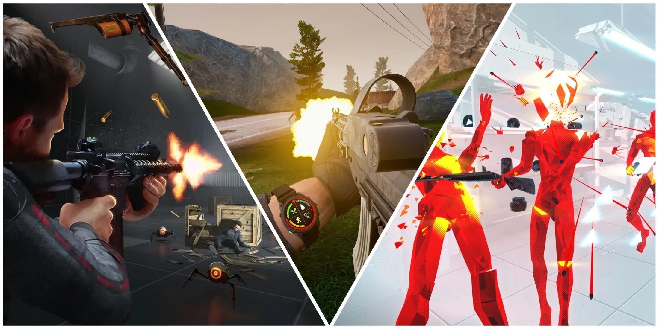 Các tựa game VR đình đám như Boneworks, Ghosts of Tabor, Superhot VR, minh họa kho tàng game PCVR chất lượng cao có thể trải nghiệm qua Meta Quest 3/3S bằng Air Link hoặc Virtual Desktop.