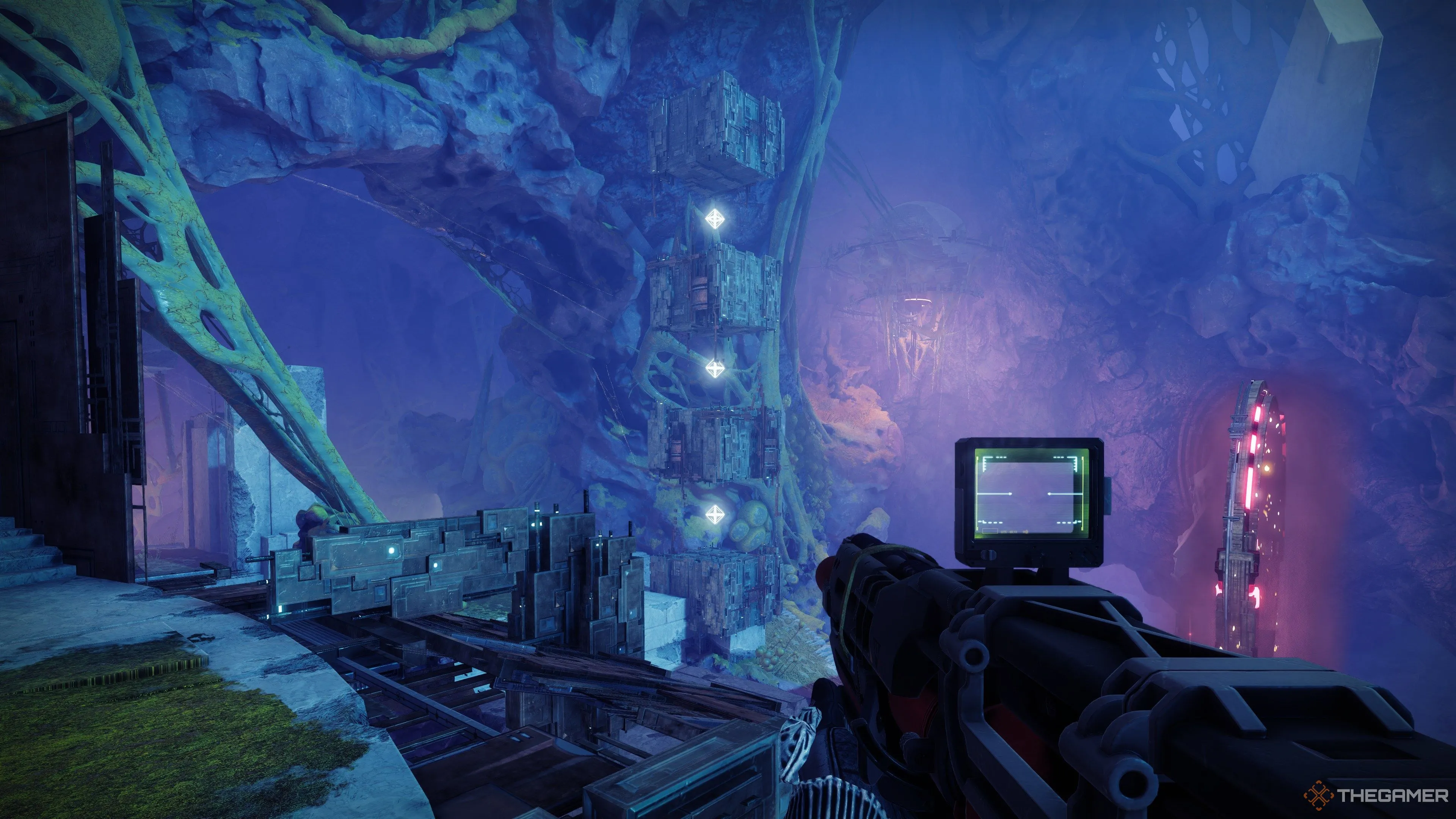 Cột Vex và khối lập phương cần phá trong cơ chế xây cầu boss Iatros Destiny 2