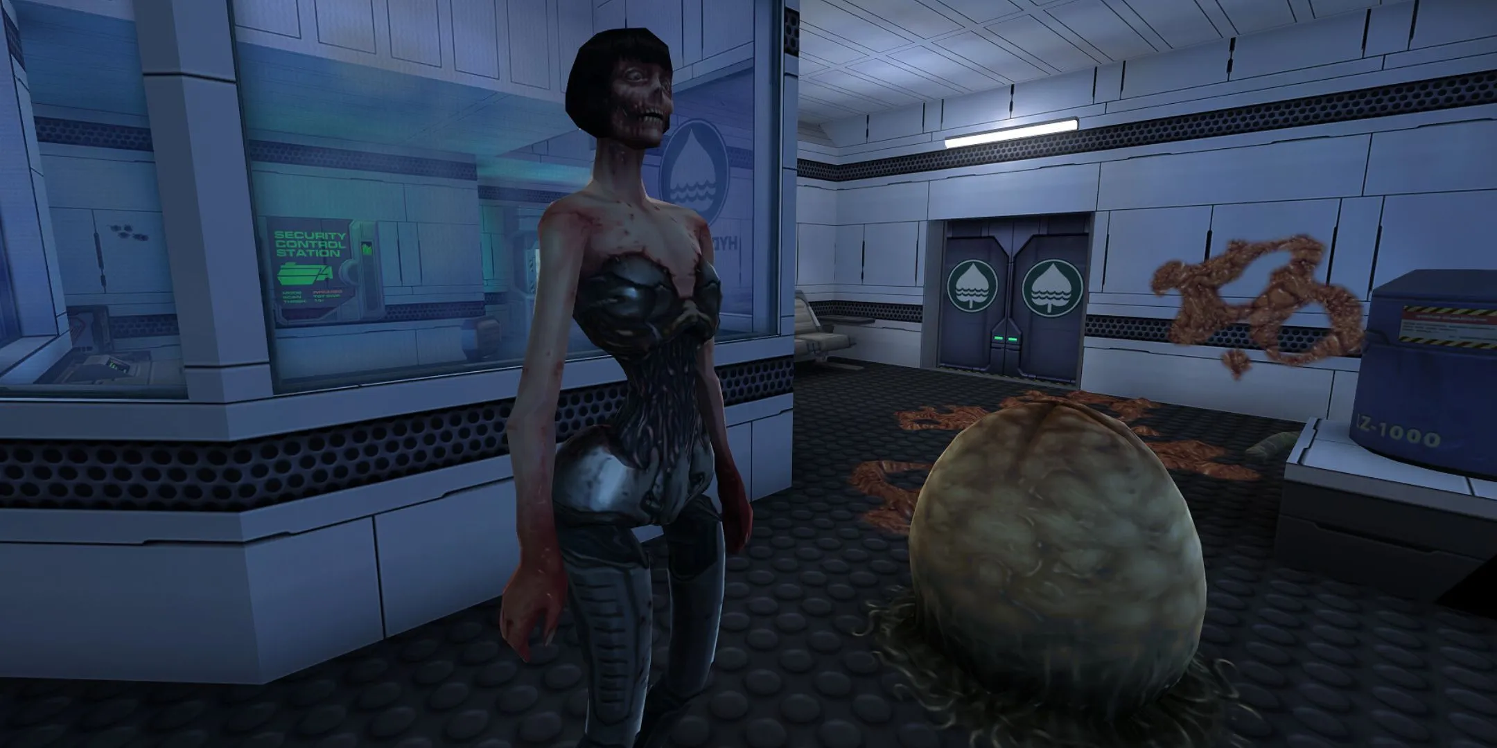 Cyborg Midwife đứng cạnh trứng quái vật trong System Shock 2 Remastered, biểu tượng của sự đáng sợ.