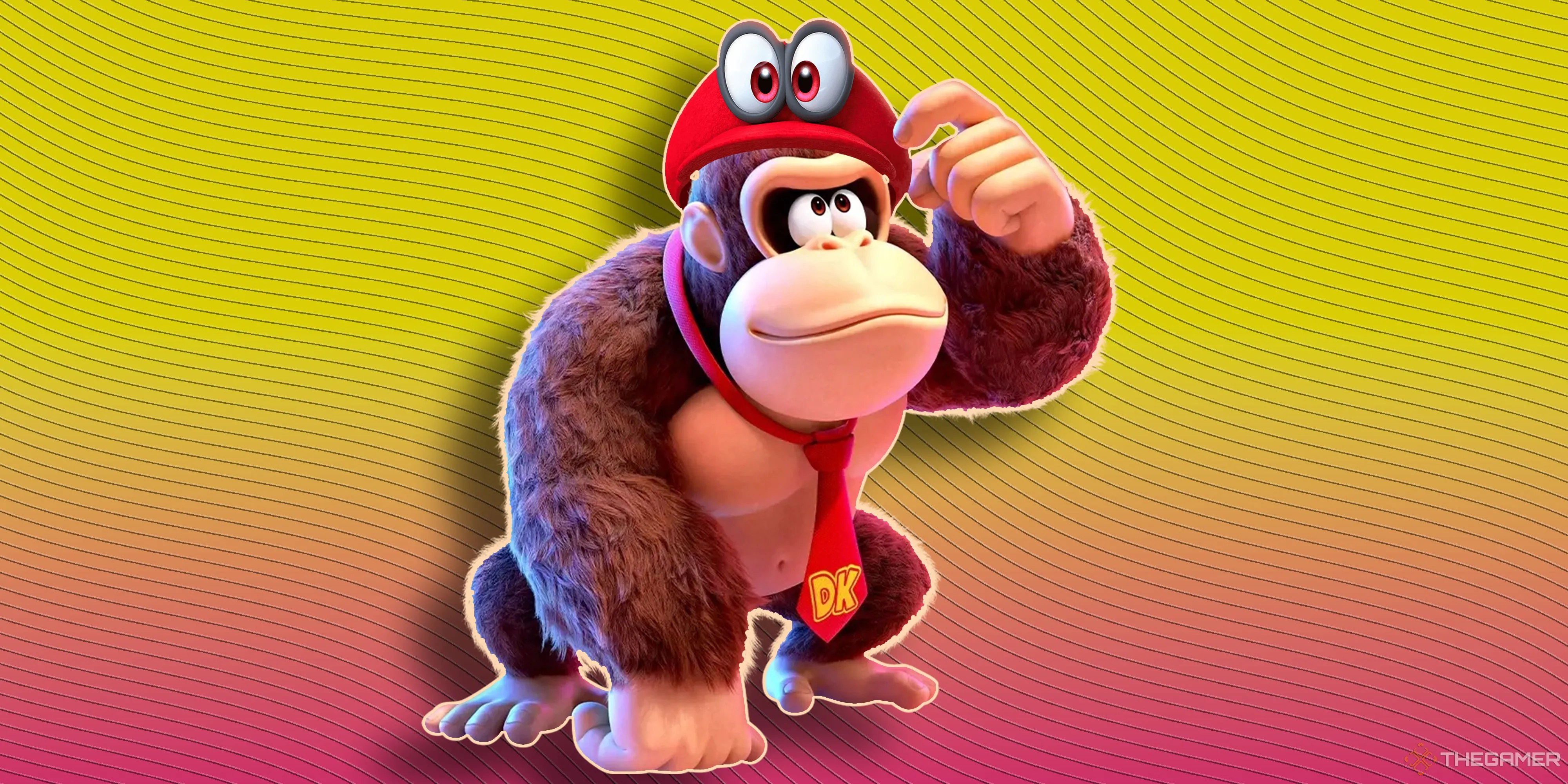 Donkey Kong trong tạo hình mới của game Bananza đội chiếc mũ Cappy từ Super Mario Odyssey.