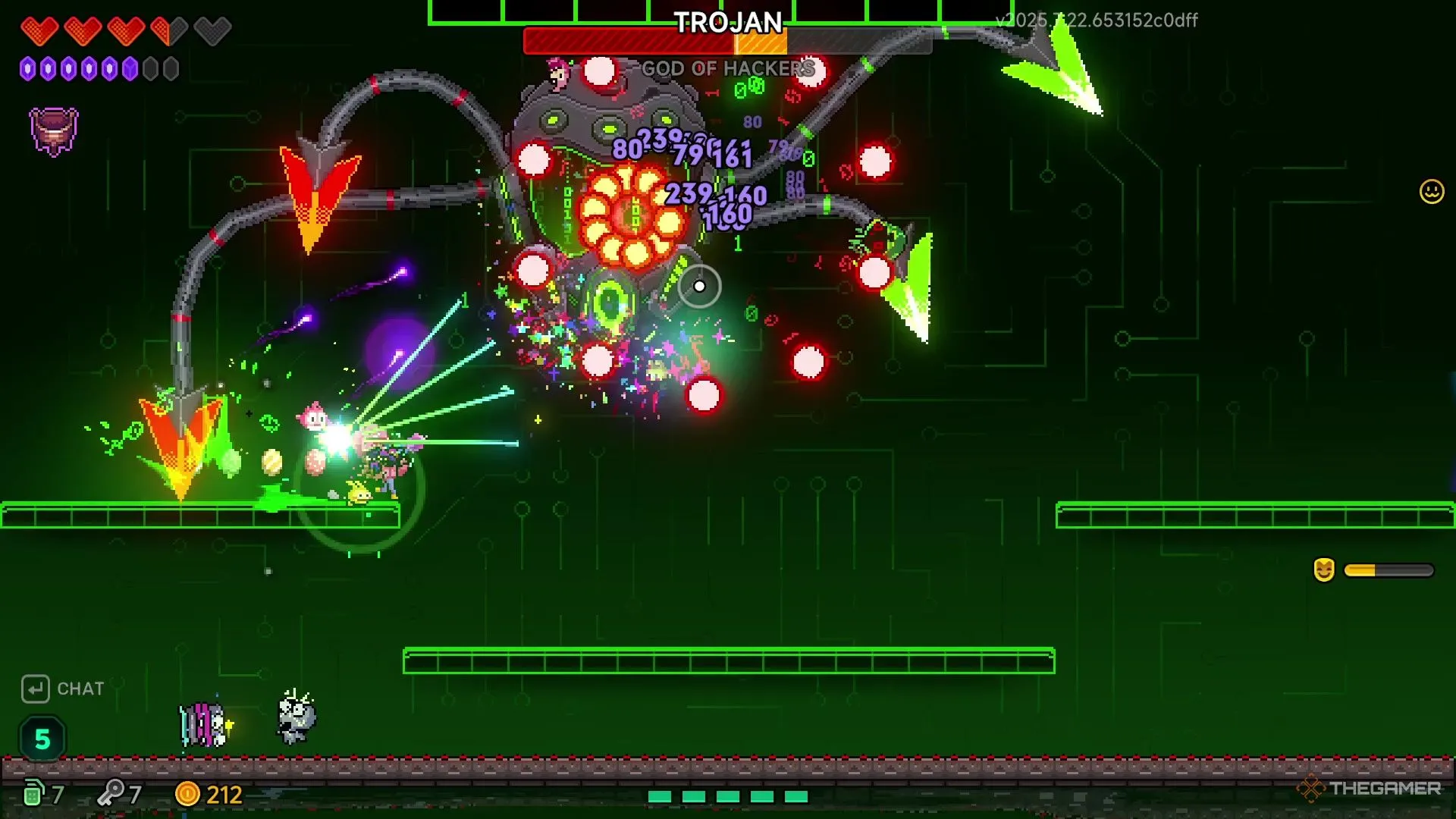 Elise bắn vào boss Trojan trong khi né tránh những xúc tu khổng lồ tấn công ở Giai đoạn 2 của Neon Abyss 2