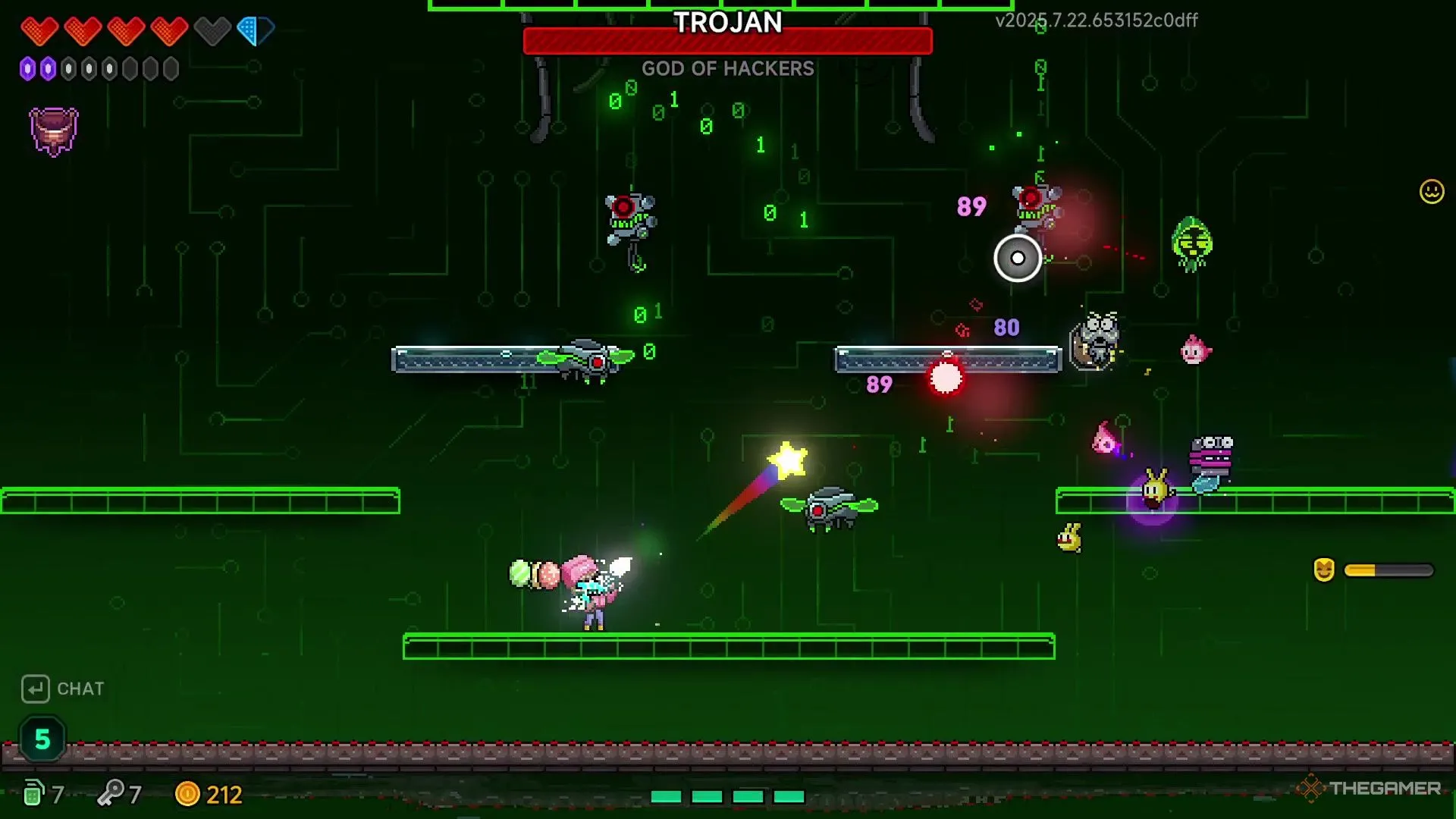 Elise cùng các Hatchmon đối đầu với những kẻ địch bay Trojan triệu hồi trong Giai đoạn 1 của Neon Abyss 2