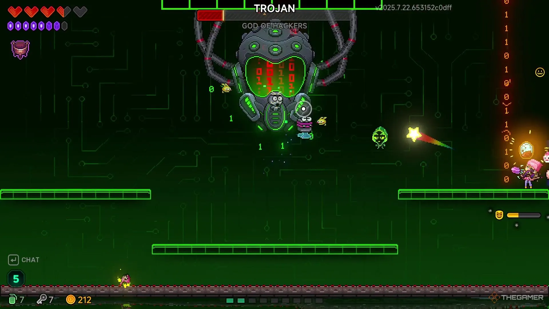 Elise tấn công boss Trojan trong giai đoạn cuối, né tránh những xúc tu nhỏ và cột mã nhị phân trong Neon Abyss 2