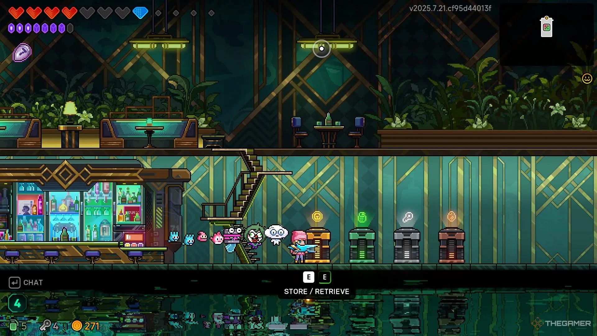 Elise và các Hatchmon đứng cạnh bốn thùng lưu trữ tài nguyên trong Blackdog Safehouse ở Neon Abyss 2