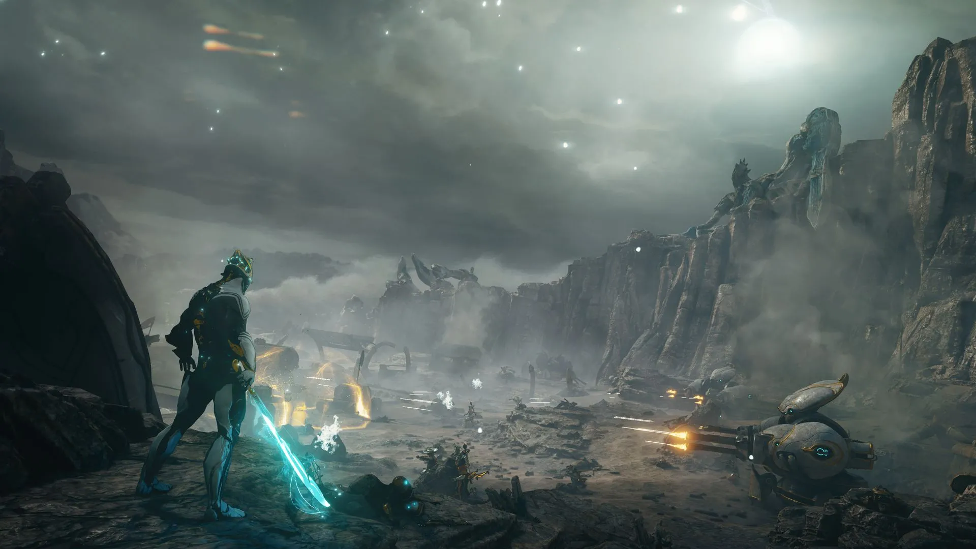 Excalibur Prime đứng oai hùng trên chiến trường Warframe, biểu tượng của sự mạnh mẽ và tinh thần Tenno.