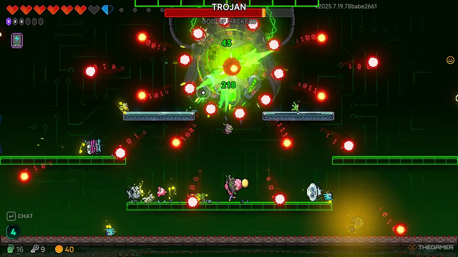 Game thủ Elise sử dụng vũ khí Noxmare chiến đấu với boss Trojan giữa làn đạn dày đặc trong Neon Abyss 2
