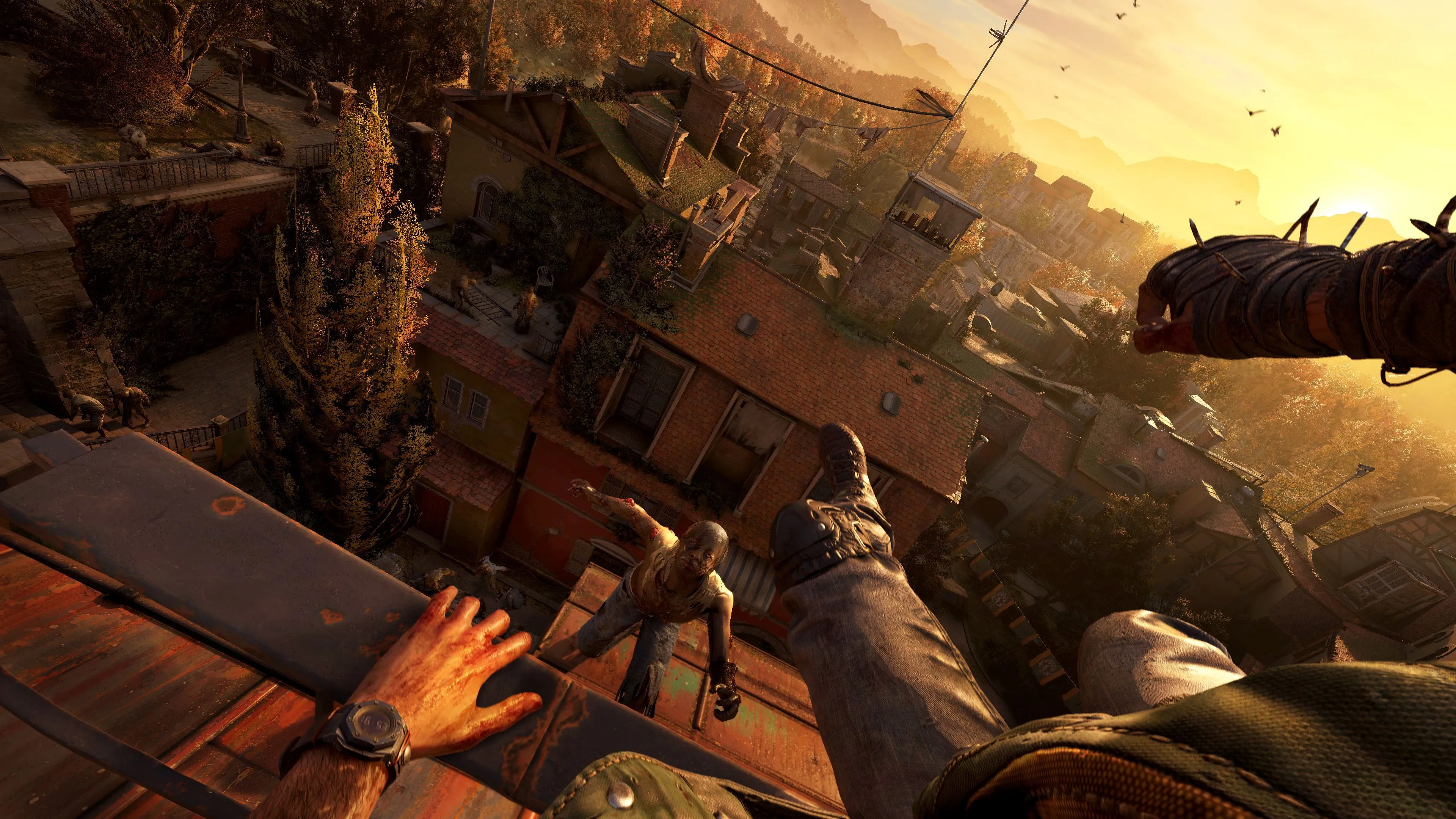 Game thủ thực hiện pha parkour mạo hiểm từ mái nhà xuống đối đầu với zombie trong bối cảnh rừng núi của Dying Light The Beast.