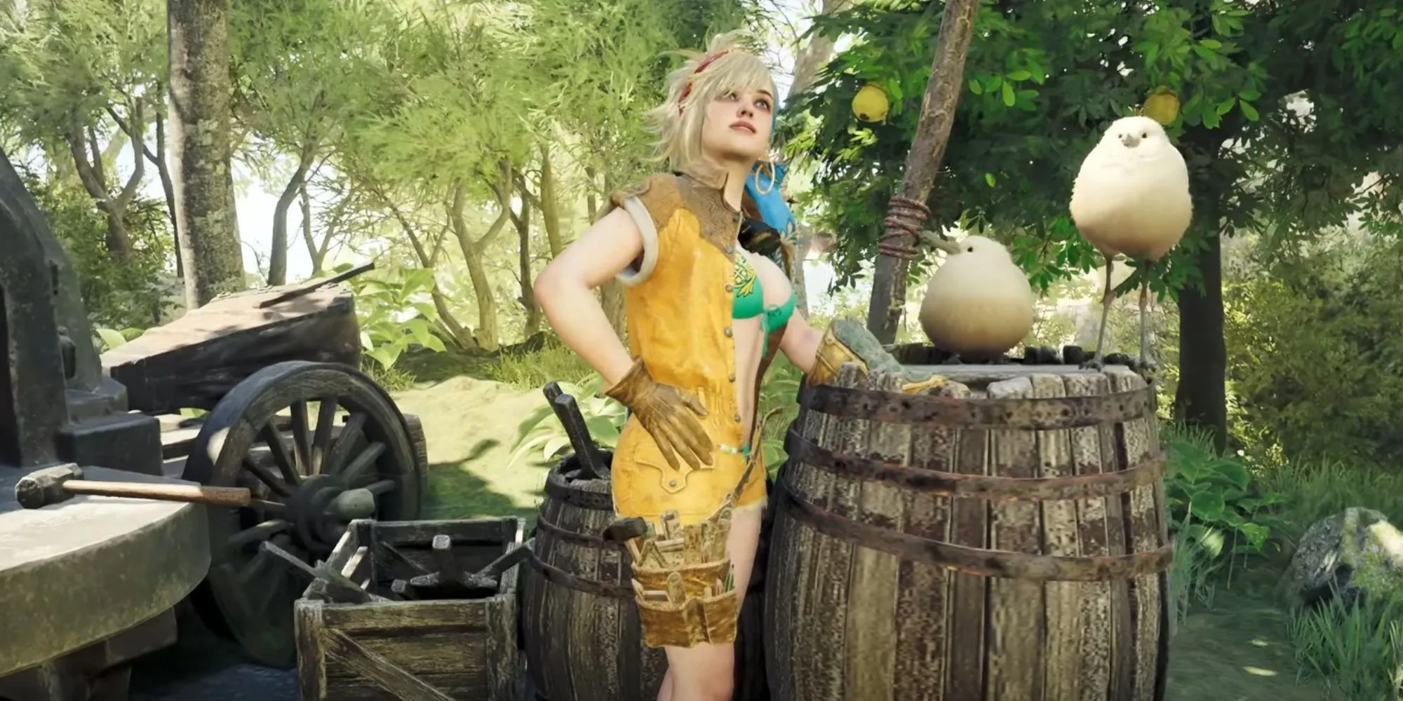 Gemma thợ rèn trong trang phục bikini Summer Coveralls mới tại lò rèn trong sự kiện Flamefete của Monster Hunter Wilds, cùng với hai chú chim