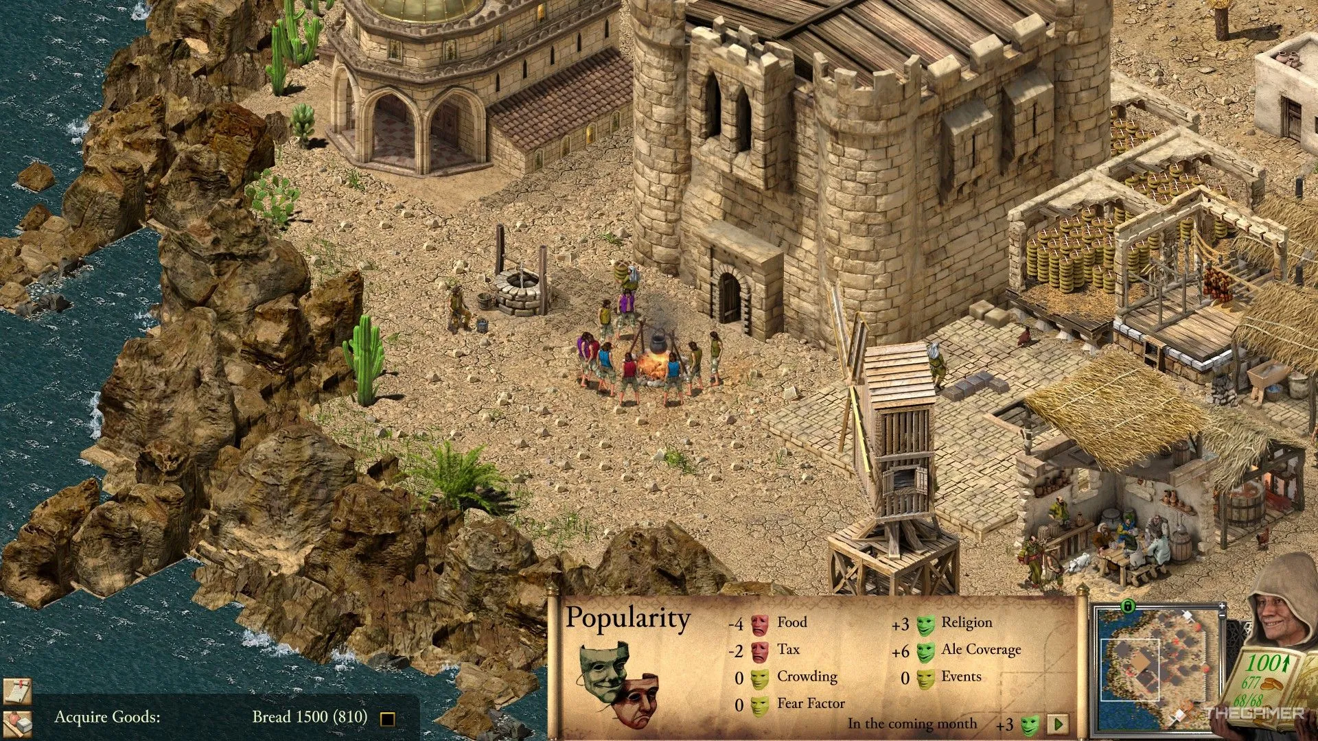 Giao diện cho thấy người chơi Stronghold Crusader Definitive Edition duy trì độ nổi tiếng tích cực nhờ tôn giáo và bia, dù có thuế và nửa khẩu phần ăn, phản ánh quản lý dân số hiệu quả.
