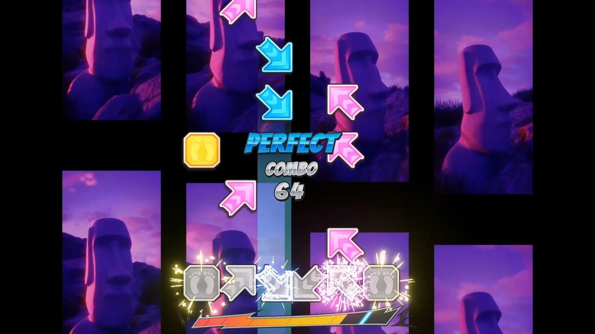 Giao diện chơi Pump It Up Rise với các mũi tên đang rơi, thể hiện lối chơi sôi động của game rhythm.