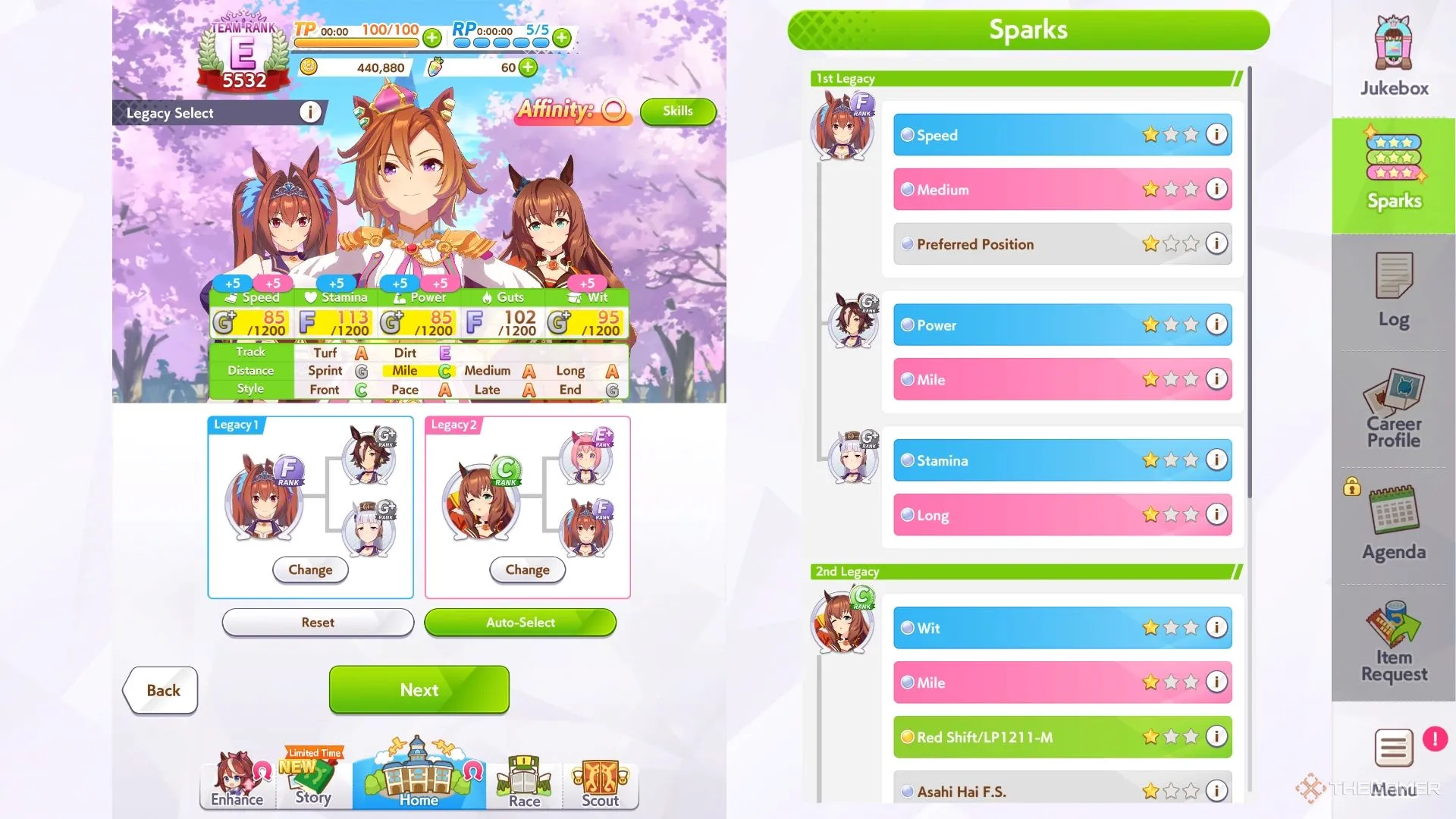 Giao diện chọn người kế thừa (Legacy) để tăng chỉ số cho TM Opera O trong Umamusume: Pretty Derby