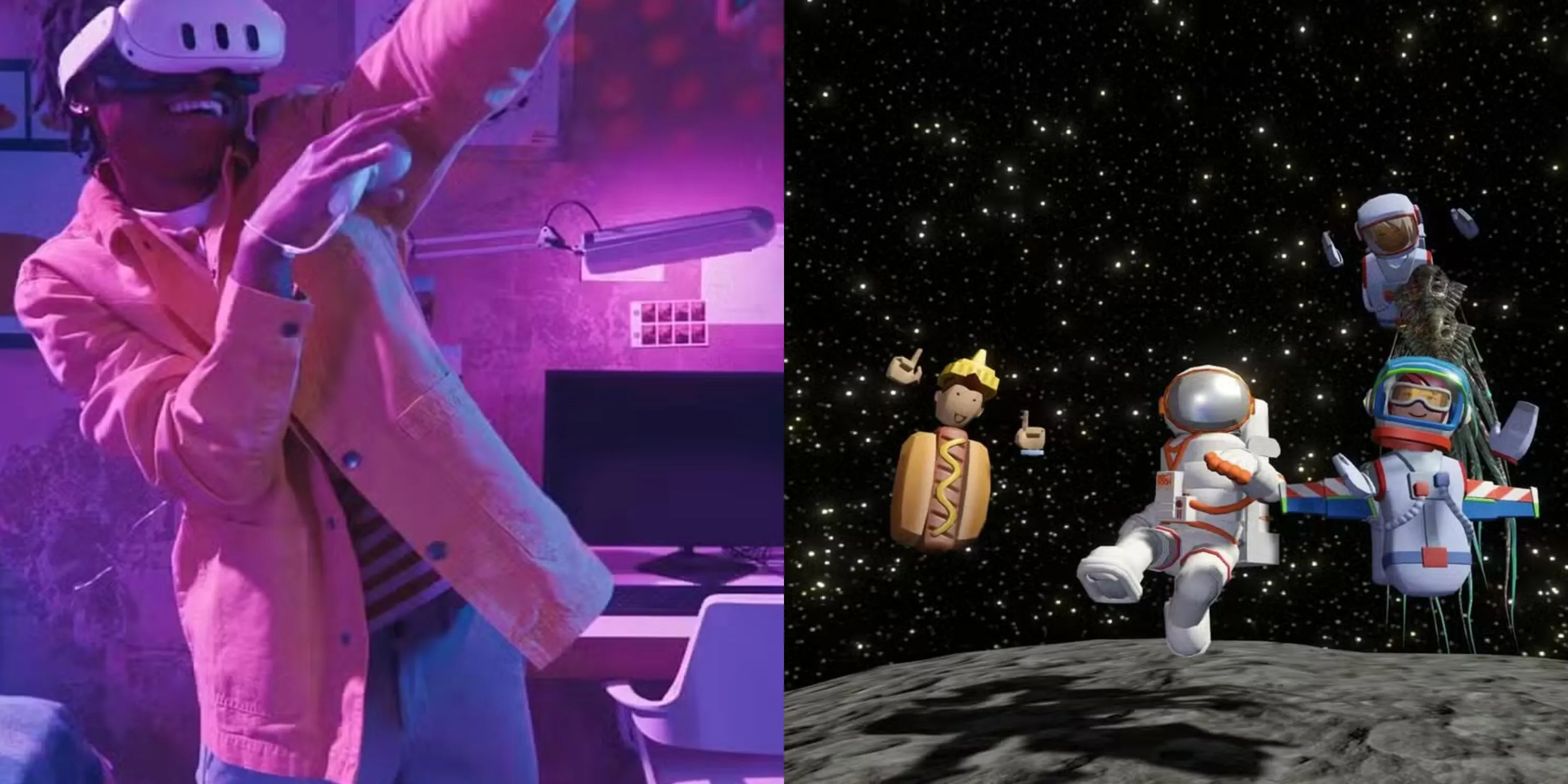 Giao diện game Just Dance VR và Rec Room, minh họa sự đa dạng của thư viện trò chơi có sẵn trên Meta Store của Meta Quest 3/3S, phù hợp cho mọi lứa tuổi.