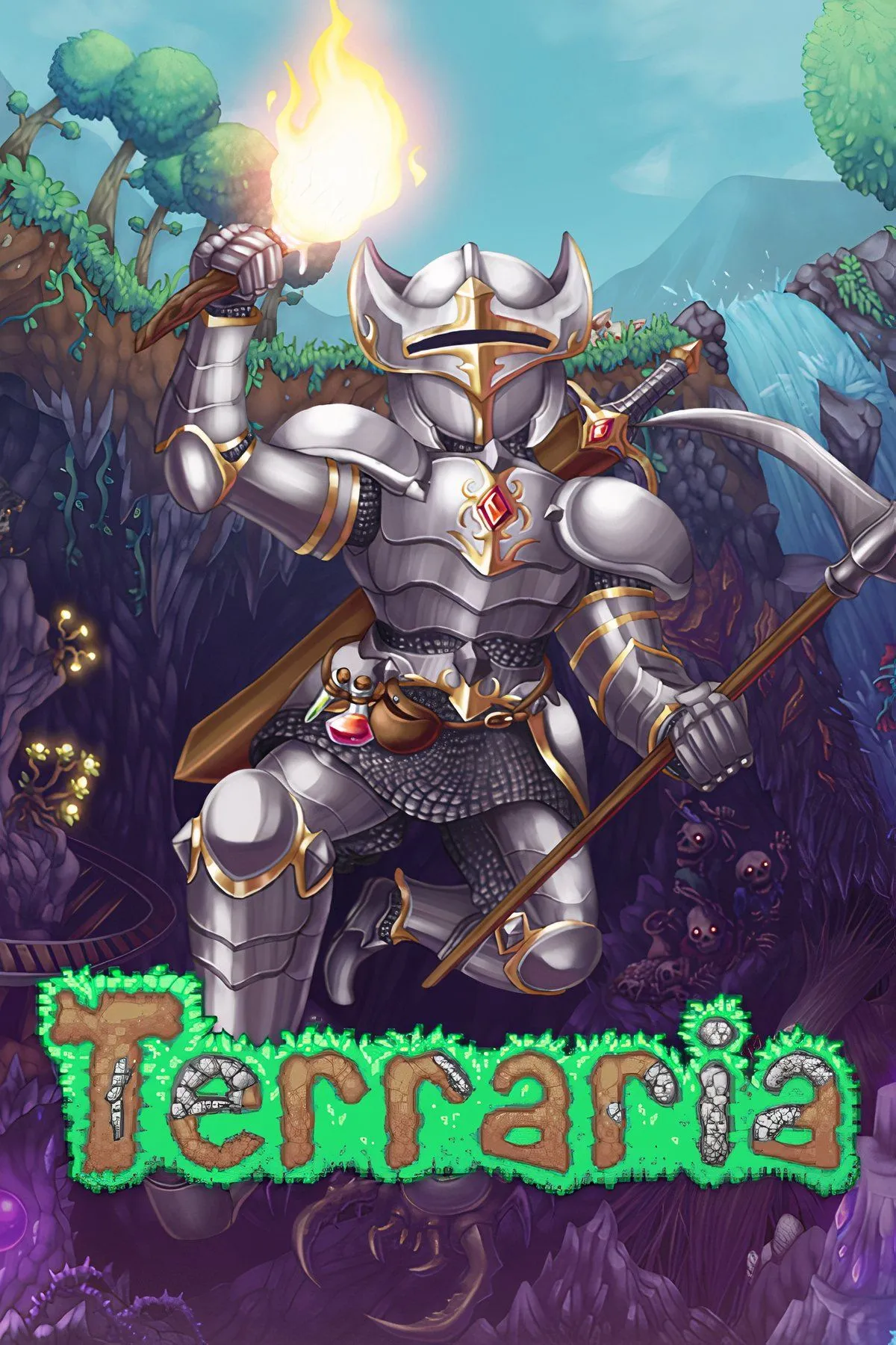 Giao diện gameplay Terraria với nhân vật đang khám phá một hang động đầy quái vật và tài nguyên, thể hiện sự tự do trong game sandbox 2D