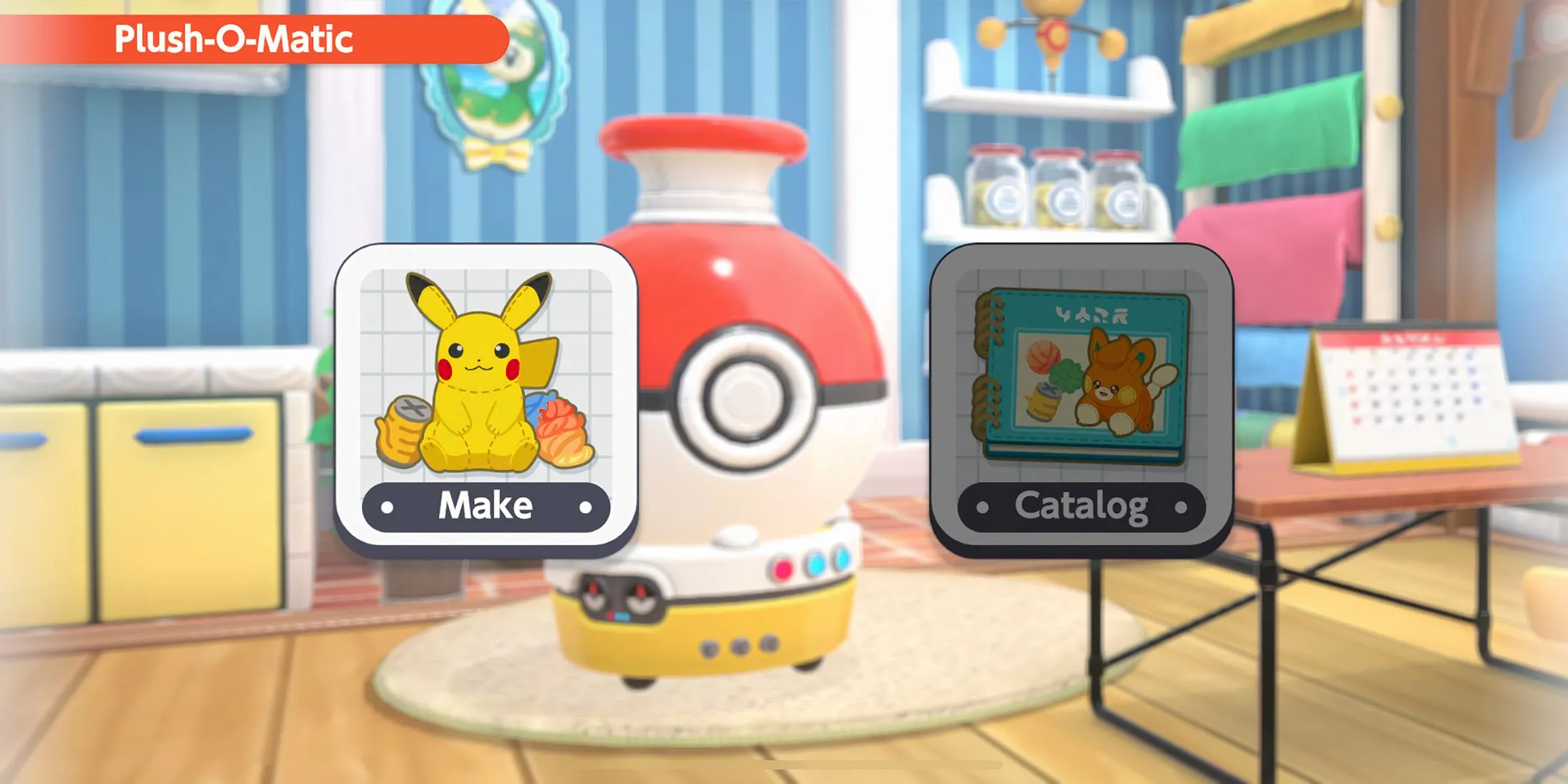Giao diện màn hình chính (menu) của Pokemon Friends, nơi người chơi tương tác để bắt đầu các màn giải đố và quản lý bộ sưu tập thú nhồi bông.