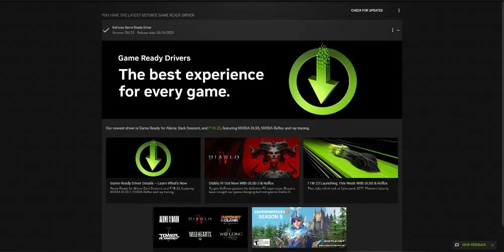 Giao diện phần mềm NVIDIA GeForce Experience hiển thị cập nhật driver đồ họa