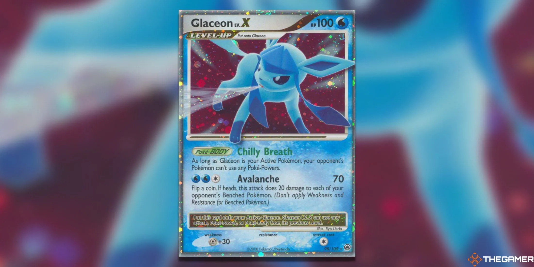 Glaceon LV. X từ Majestic Dawn Pokemon TCG, thẻ bài hệ Băng với vẻ đẹp kiêu sa và nền đỏ tương phản