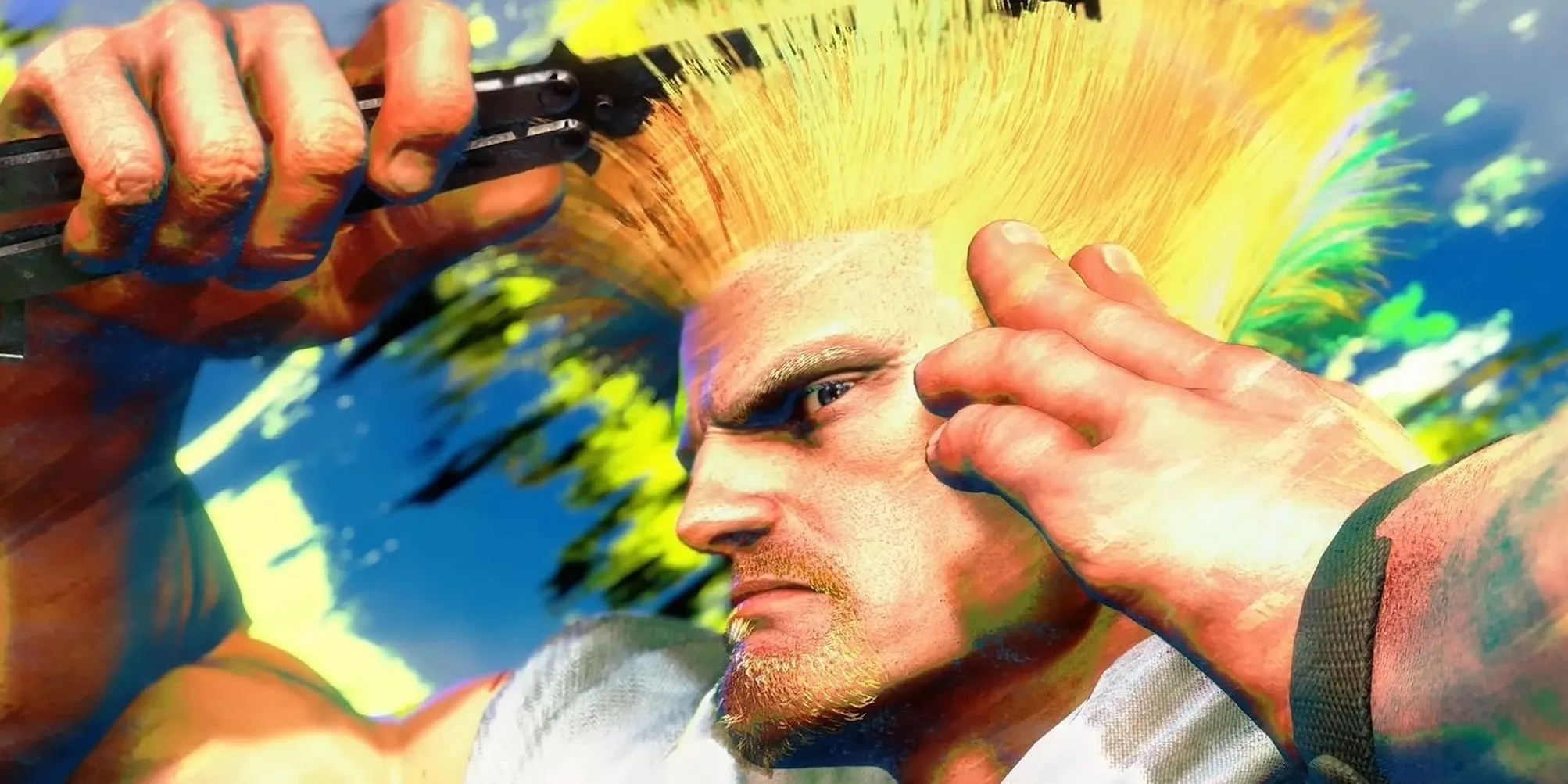 Guile chải tóc trong một cảnh của game Street Fighter 6