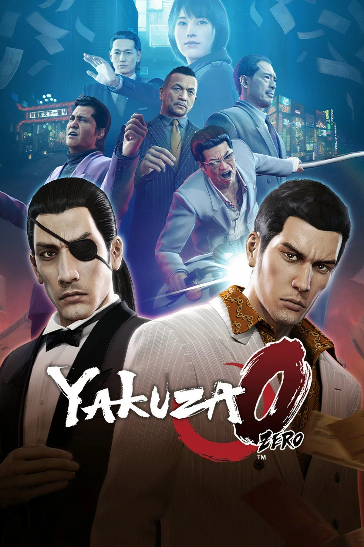 Hai nhân vật chính trong Yakuza 0 đứng giữa khu phố Kamurocho đông đúc với ánh đèn neon rực rỡ.