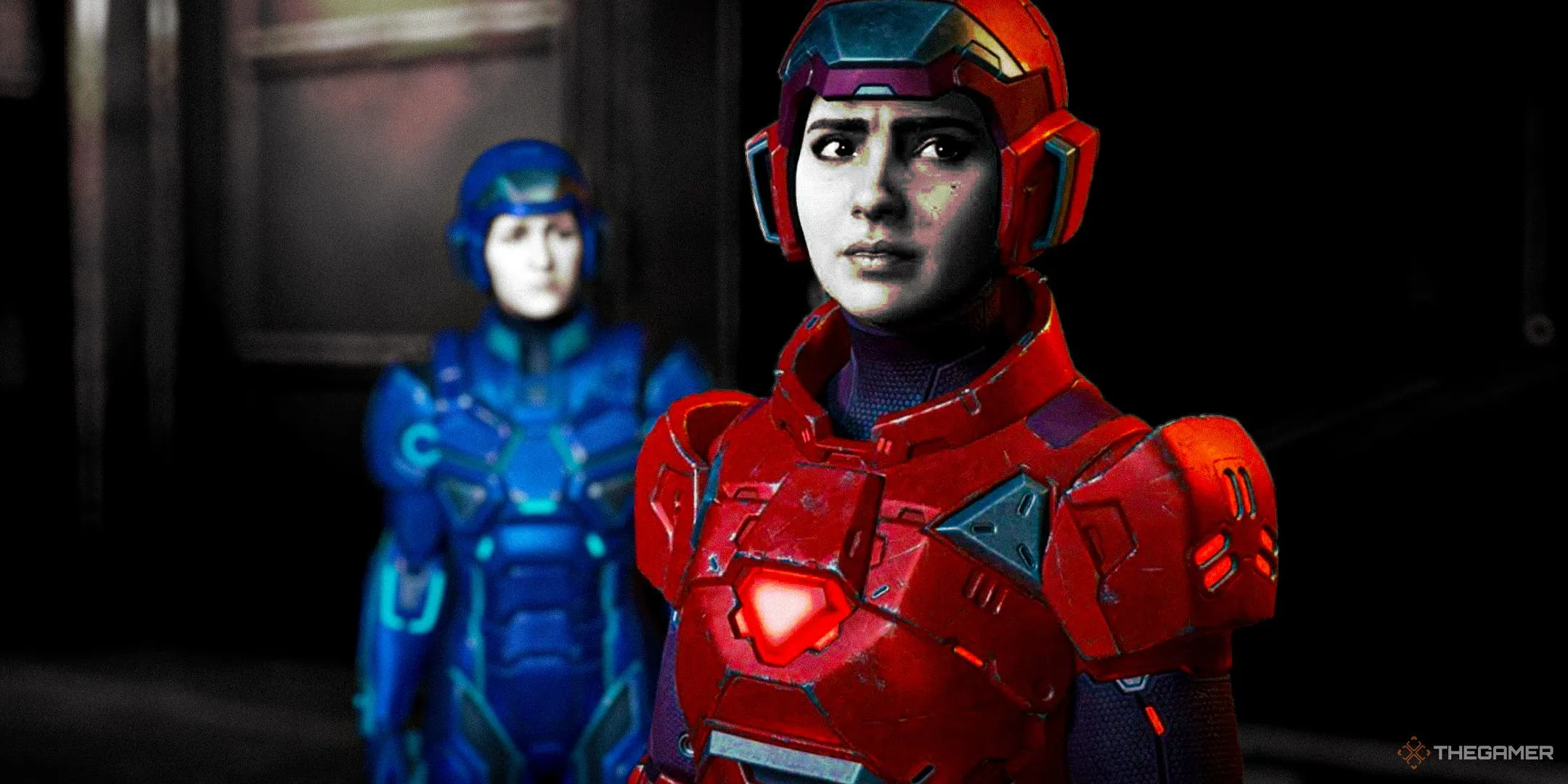 Hai nhân vật Zoe và Mio trong Split Fiction với bộ đồ sci-fi đỏ và xanh, đại diện cho game co-op của Hazelight Studios.