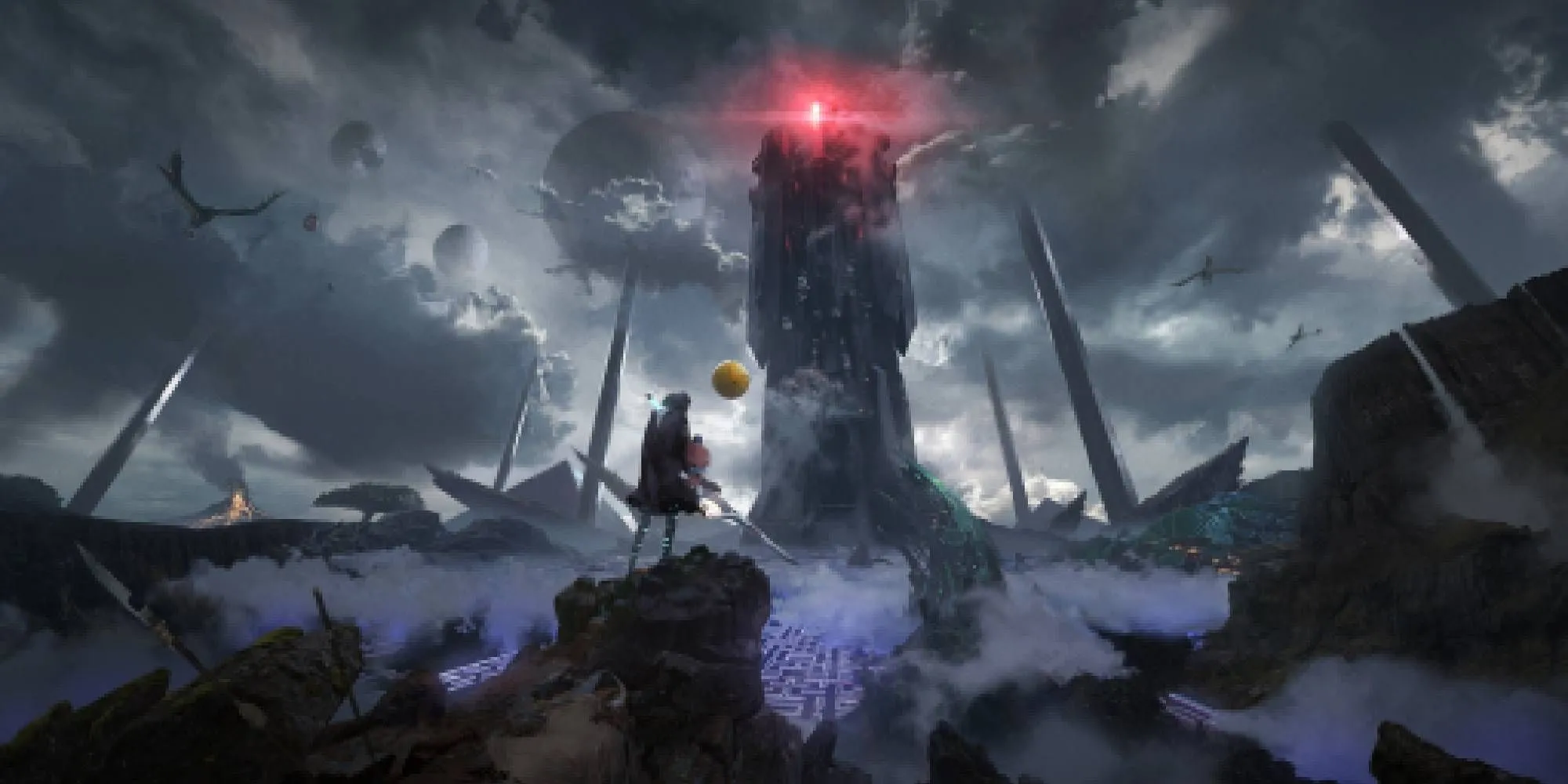 Hình ảnh chính của game Shadow Labyrinth với Puck và kiếm sĩ, thể hiện sự kết hợp giữa yếu tố Pac-Man và Metroidvania.