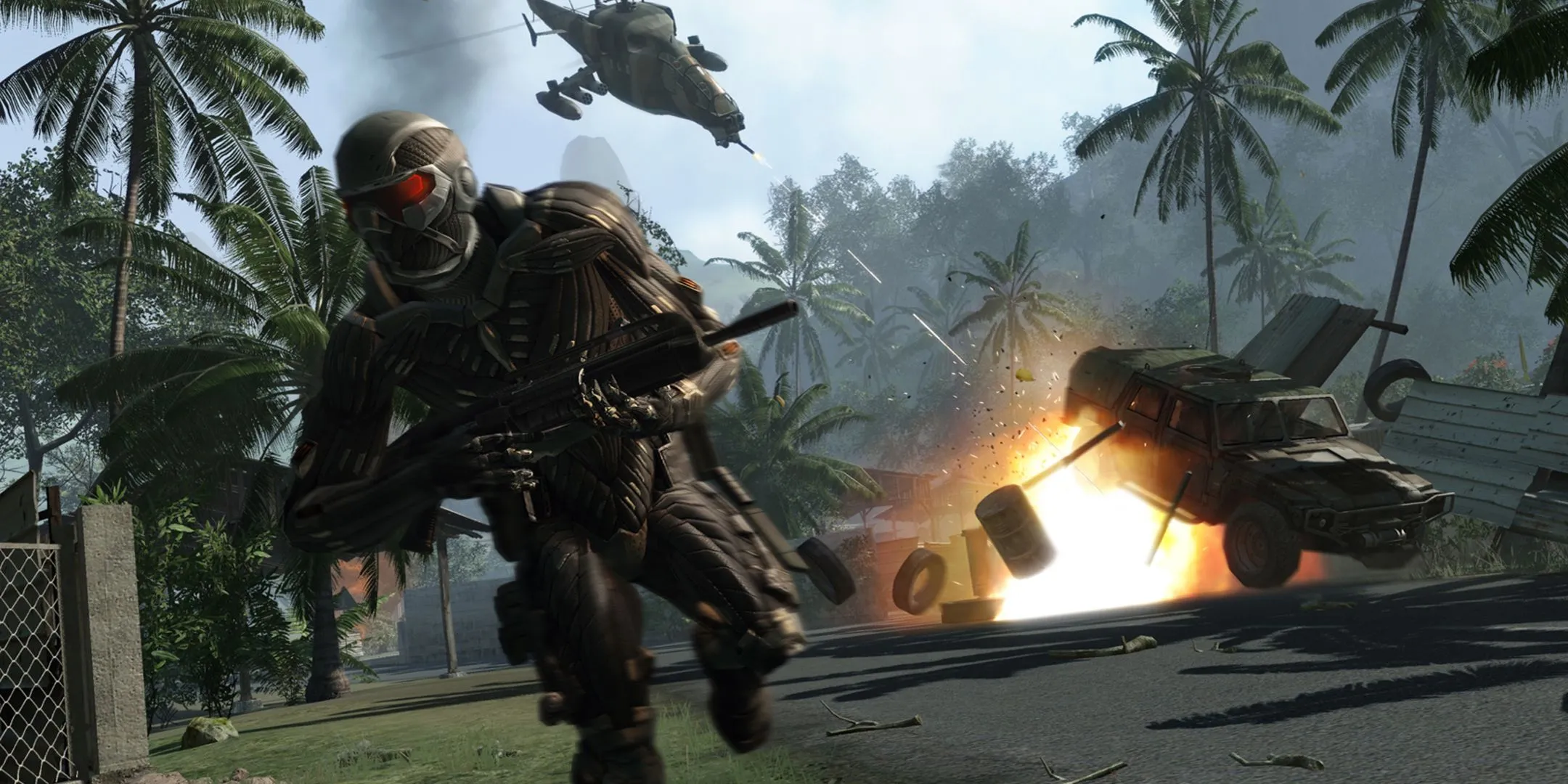 Hình ảnh game Crysis với người lính chạy trốn khỏi trực thăng, minh họa game nặng yêu cầu cấu hình PC cao