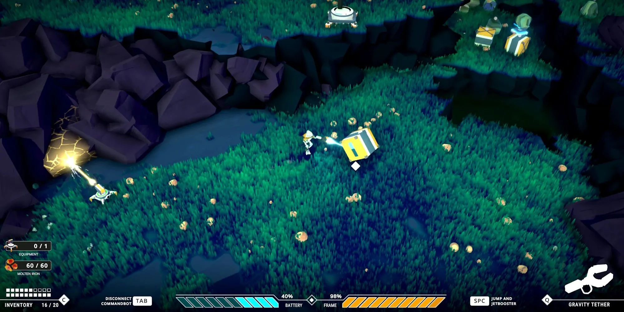 Hình ảnh gameplay game Orbiteers hiển thị trạm không gian đang xây dựng trên lưới lục giác với các module kết nối