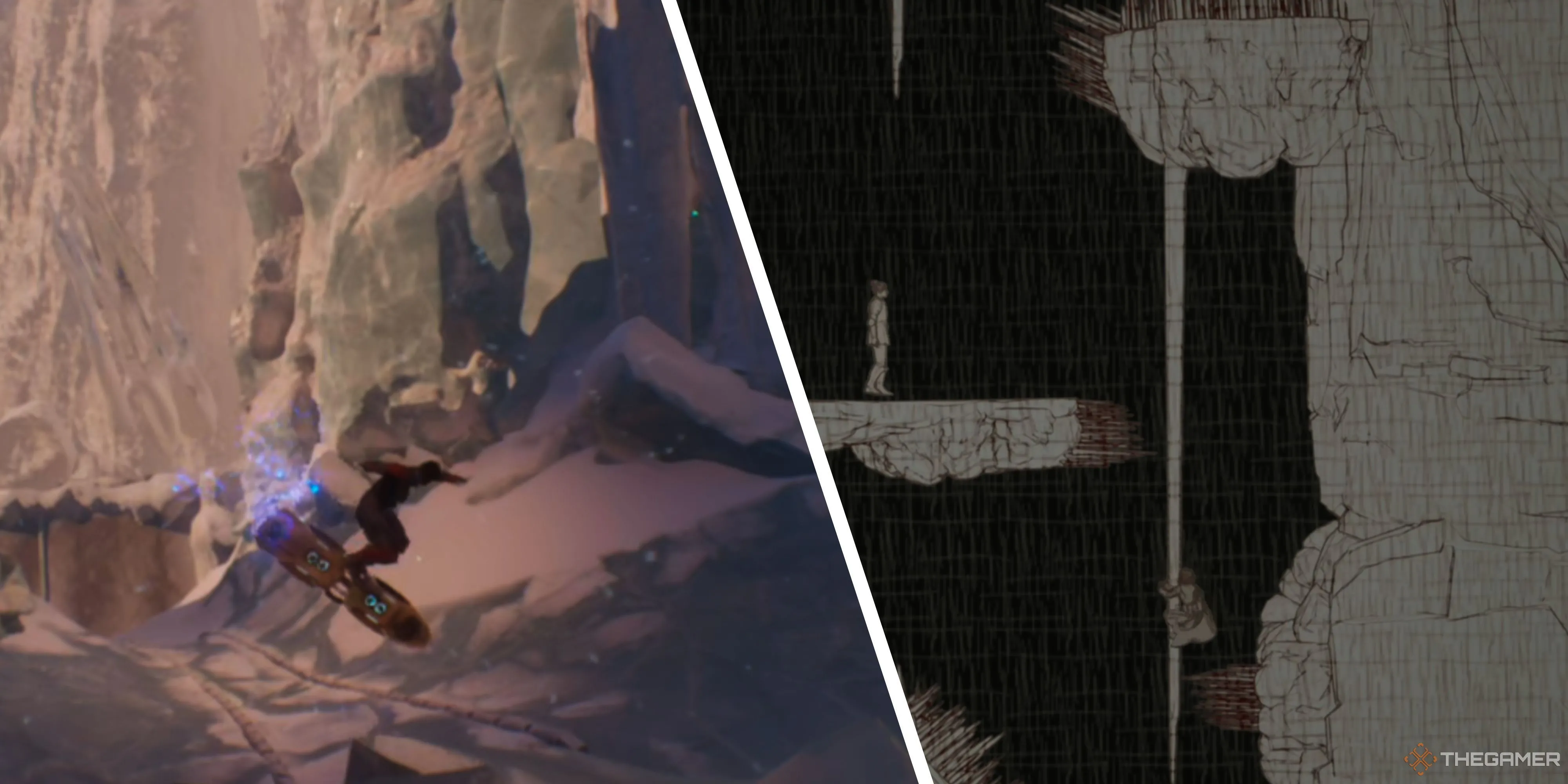 Hình ảnh ghép cảnh game Split Fiction với thế giới Slopes of War và Notebook Side Stories, thể hiện sự đa dạng môi trường phiêu lưu co-op của Mio và Zoe.