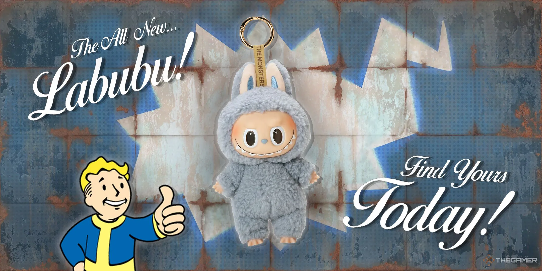 Hình ảnh Labubu trên bảng quảng cáo giữa khung cảnh đổ nát của Fallout: New Vegas, biểu tượng sống sót hậu tận thế.