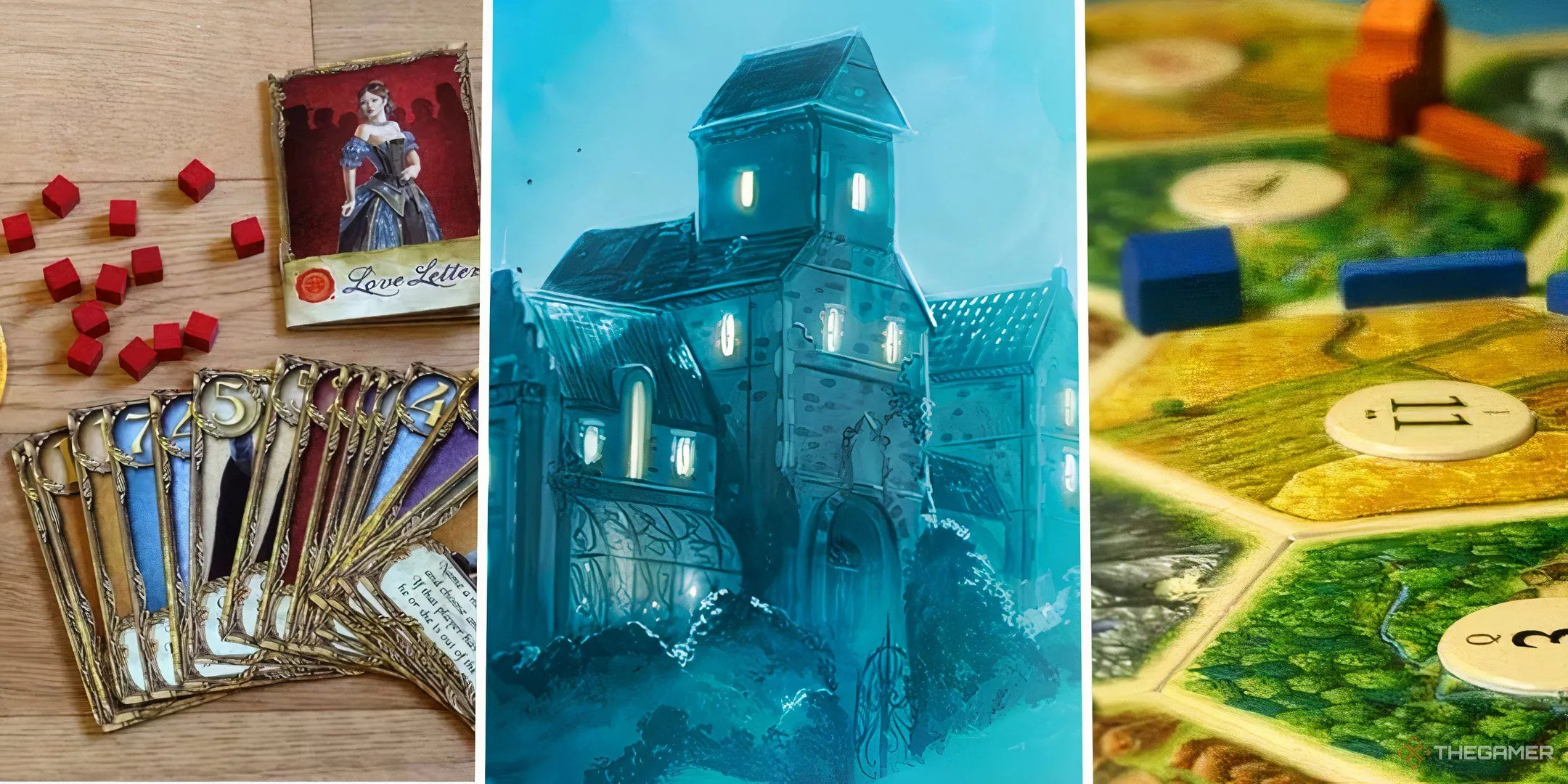 Hình ảnh minh họa các board game phổ biến như Love Letter, Mysterium và Catan